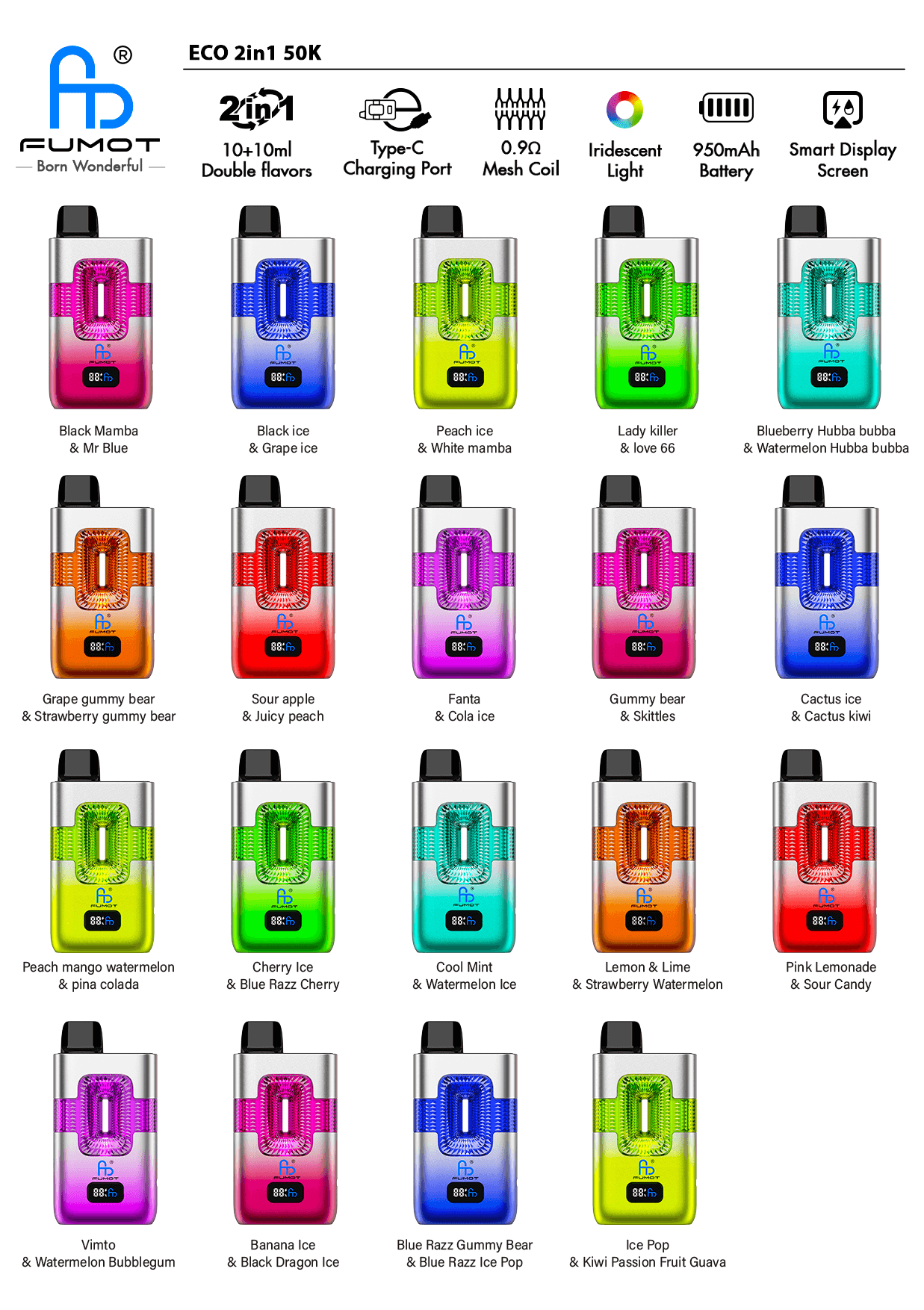 Raster aus farbenfrohen ECO 2in1 50K Vapes mit Geschmackspaaren wie Black Mamba & Mr Blue und Peach Ice & White Mamba.