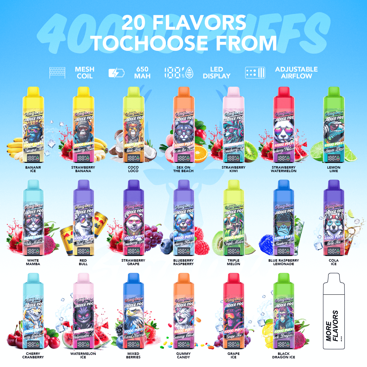 Stag Bar Jagger Pro 40000 40K Puffs Einweg-Vape, einstellbarer Luftstrom,  2%, 5%, Nikotin, 20 Geschmacksrichtungen, Versand aus EU-Vape-Fabrik,  Grohandel  FDVAPE