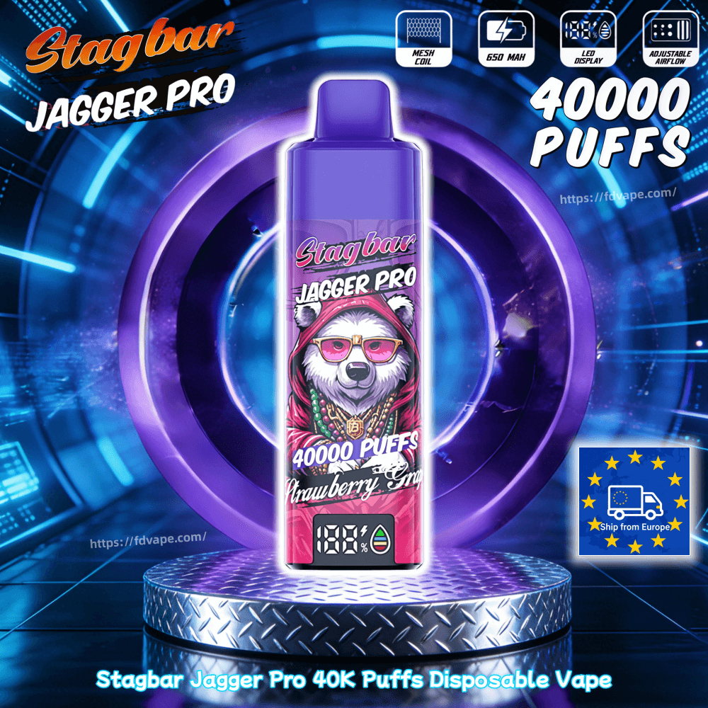 Purple Stagbar Jagger Pro disposable vape with panda wearing pink sunglasses, 40,000 puffs, strawberry flavor