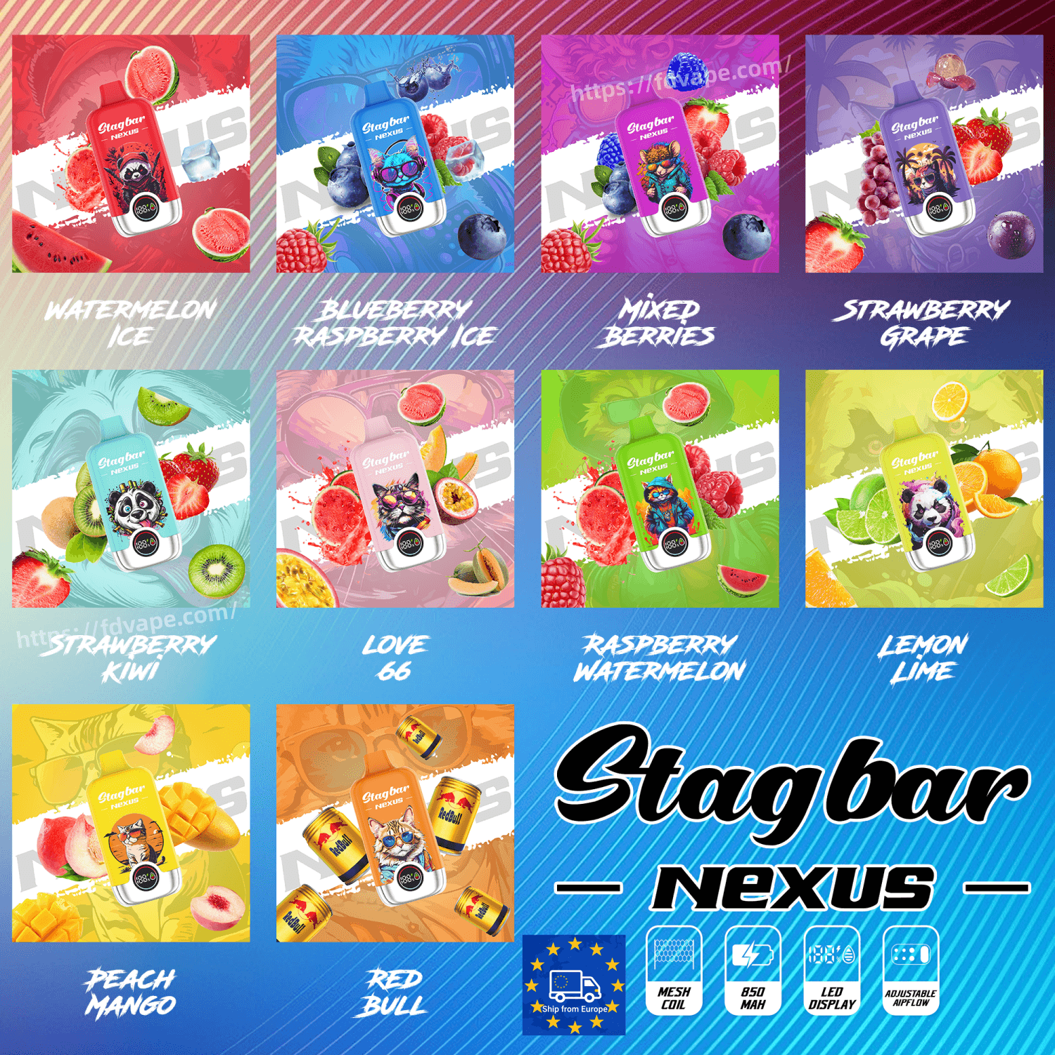 Collage of Stagbar Nexus disposable vape devices in colorful fruit flavors like Watermelon Ice and Blueberry Raspberry Ice.