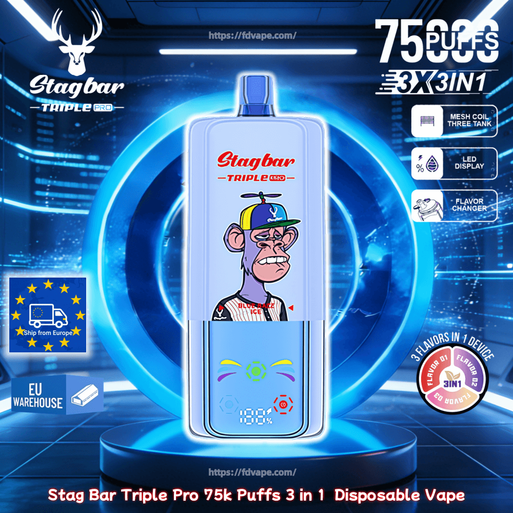 Blue Stag Bar Triple Pro disposable vape on a futuristic pedestal with a cartoon mascot on the label and a small LED display, advertising 75k puffs and 3 in 1.