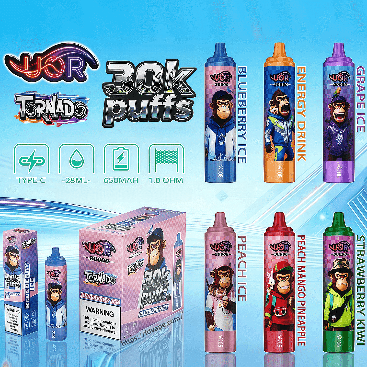 Espositore di bignè monouso VOR 30k nelle varietà Blueberry Ice, Energy Drink, Grape Ice, Peach Ice, Strawberry Kiwi con una scatola rosa.