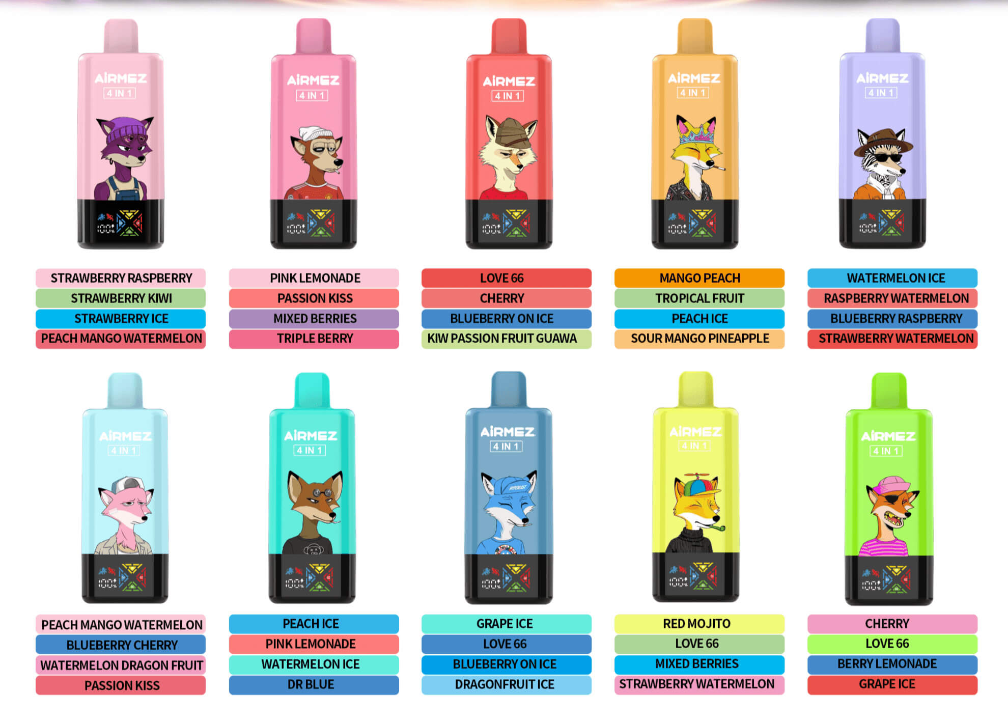 Assortment of pastel AirmEZ 4-in-1 vape cartridges featuring cartoon animal mascots and labeled flavor names.