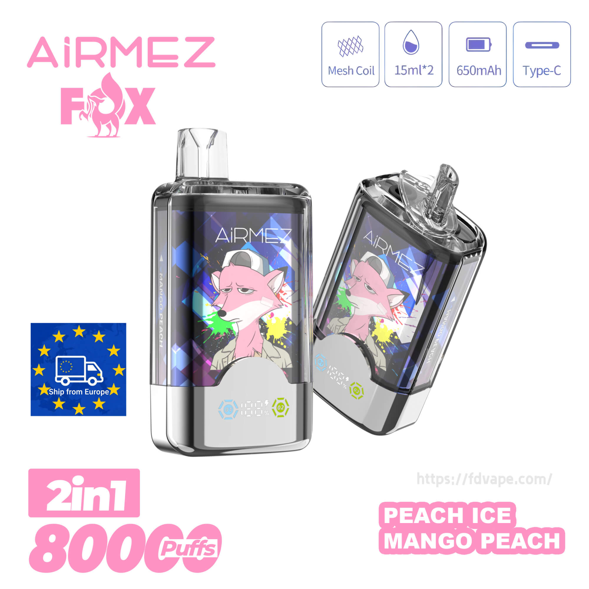 Airmez Fox 2 In 1 80000 80k Puffs Disposable Vape  Dual Flavors Switching  | Eu Warehouse 2% Nicotines 10Tastes | Smart LED Display Factory Direct -  FDVAPE