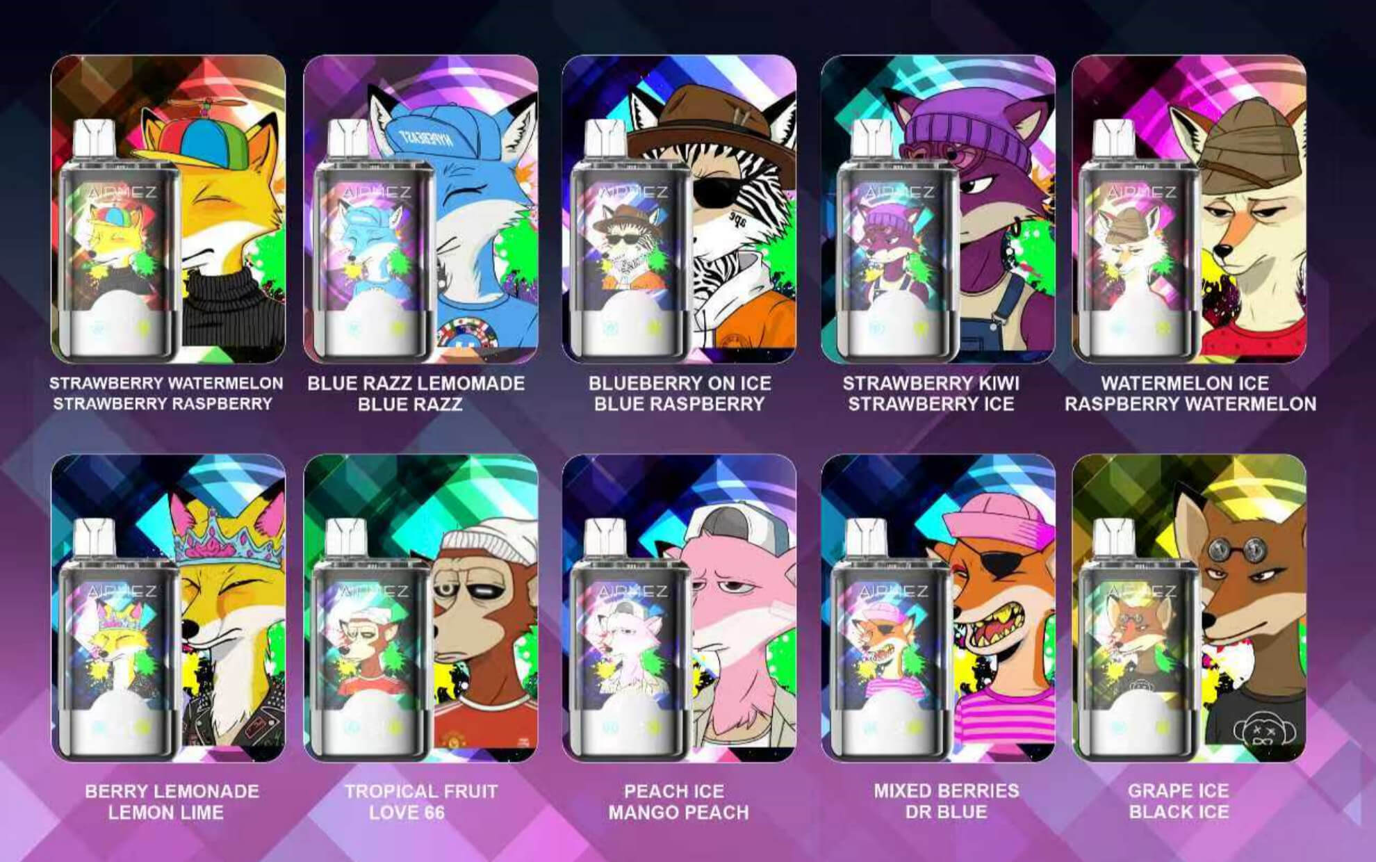 Ten vape juice bottles in a grid, each with bright fox-themed artwork on the label and various fruit flavor names.