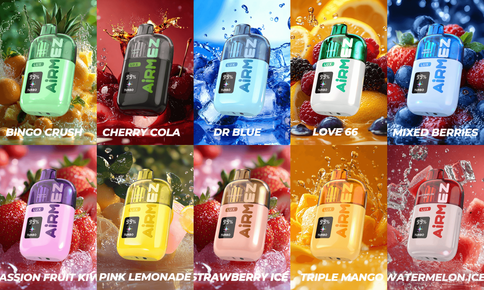 Grid of colorful flavor bottles with fruit-splash backgrounds; flavors include Bingo Crush, Cherry Cola, Dr Blue, Love 66.