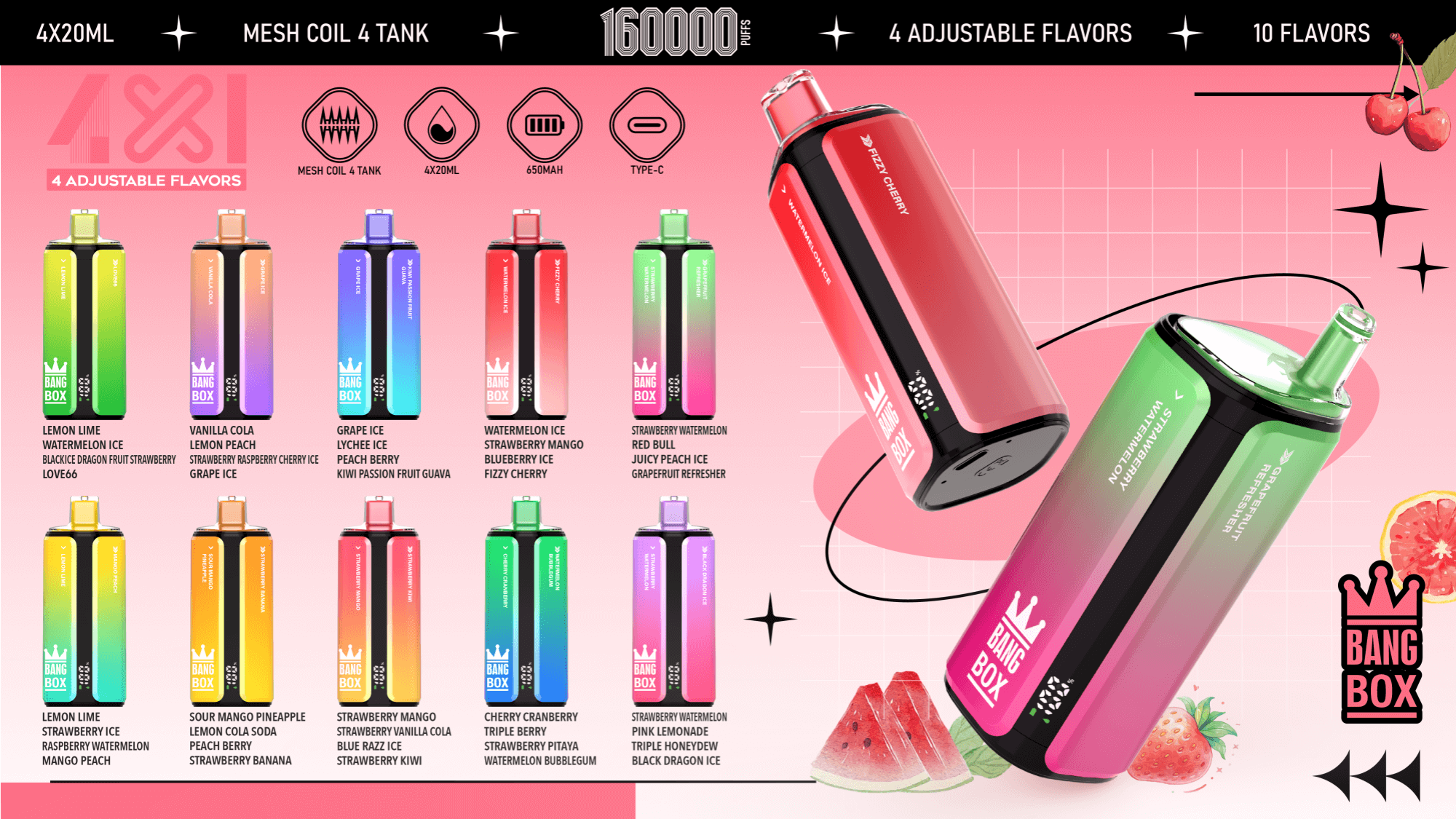 Row of rainbow Bang Box vape pods with 4 adjustable flavors on a pink gradient background; two large tilted devices on the right.