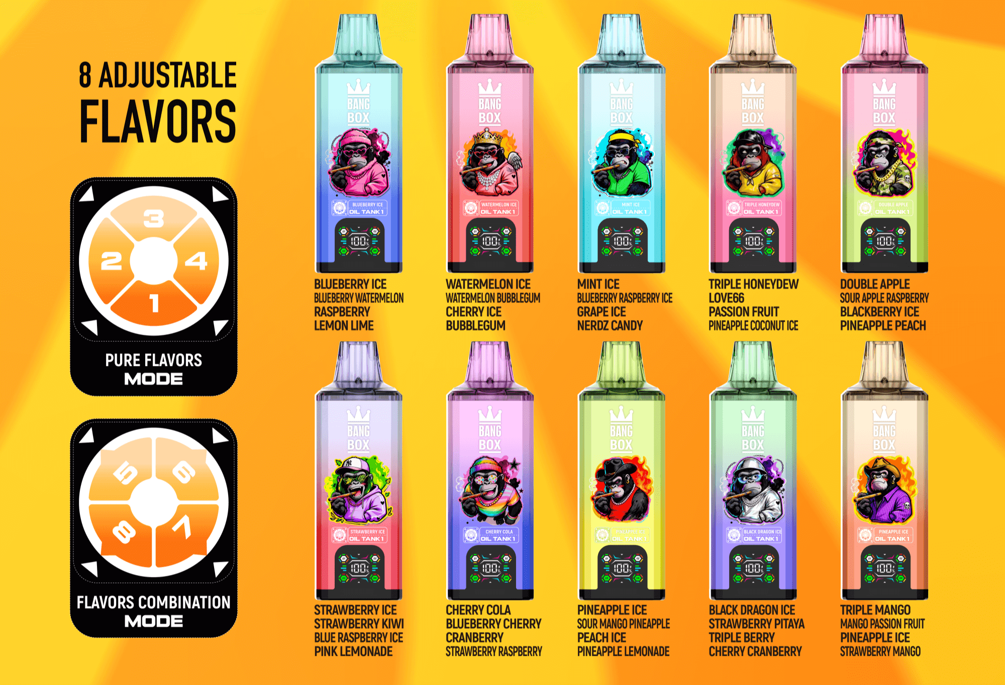 Eight colorful Bang Box vape bottles with gorilla mascots on a bright orange background, arranged in two rows, with two circular dials on the left.