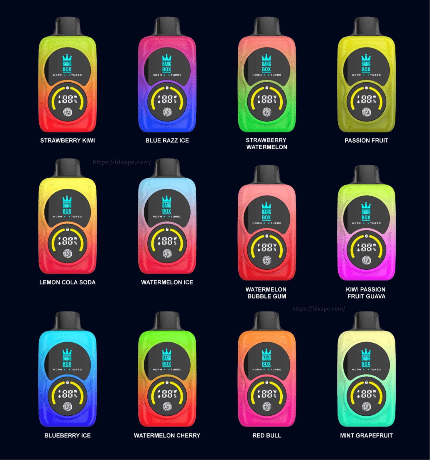 暗い背景に虹のグラデーションで描かれた 16 台の Bang Box vape デバイスのグリッド。それぞれにフレーバーラベルが付いています。.