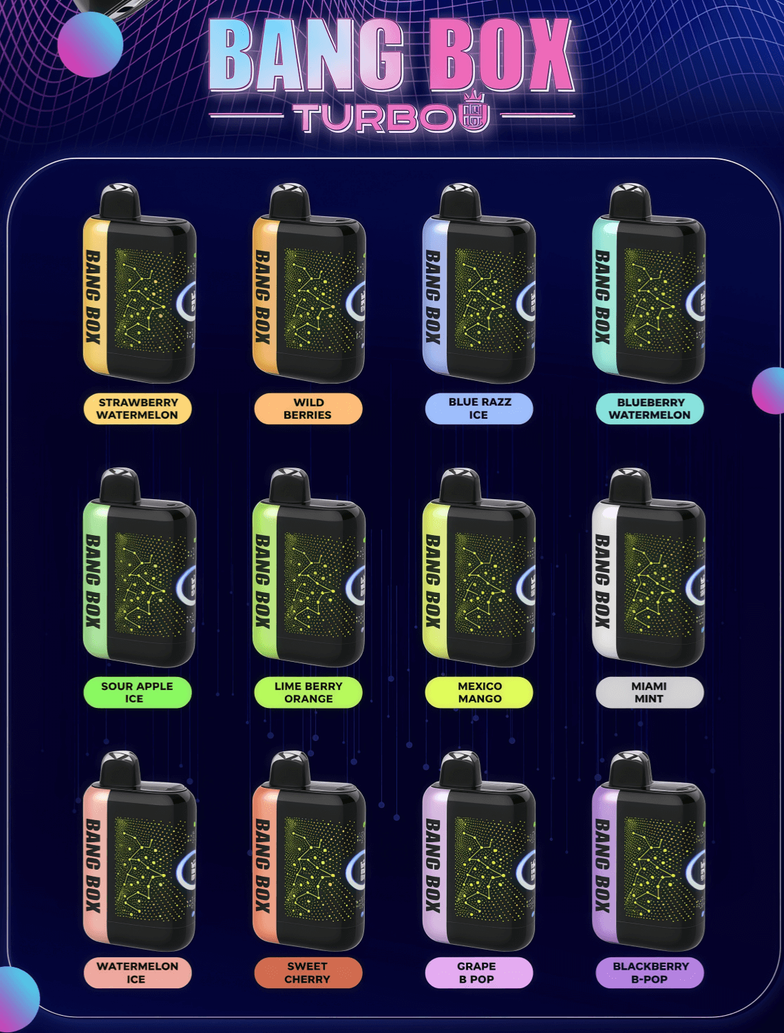 Bang Box Turbo vape pods arranged in a 4x3 grid with distinctive colored bands and flavor labels.