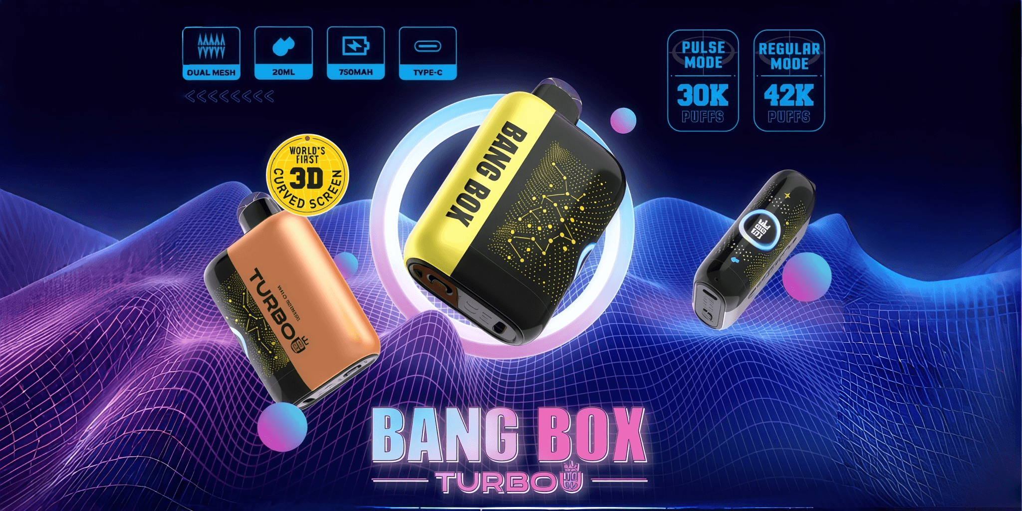 Three Bang Box Turbo vape pods float over a neon blue grid with a central yellow and black device; BANG BOX TURBO logo sits at the bottom.