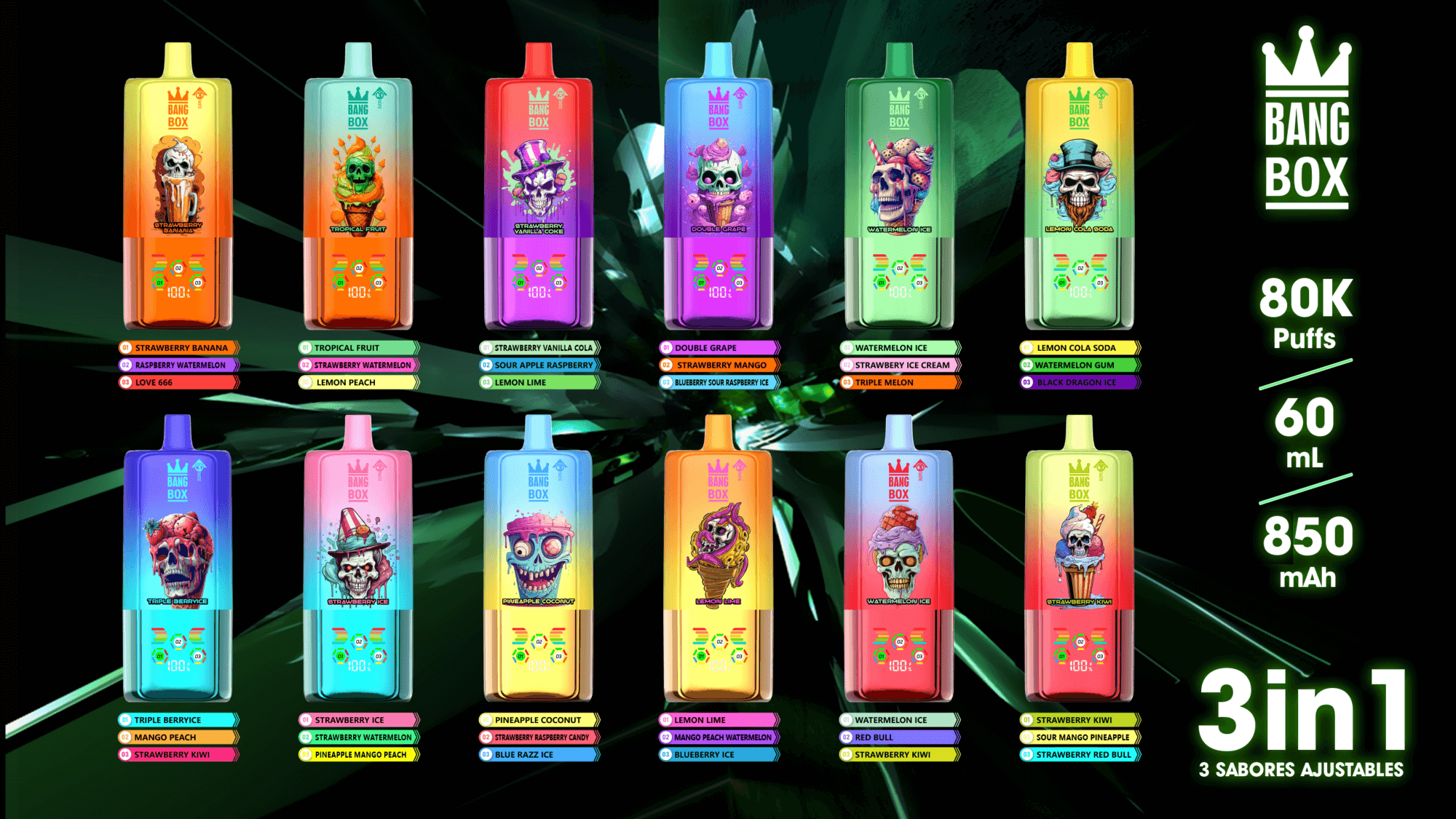 Colorful Bang Box disposable vapes with skull artwork in a grid; right side shows 80K puffs, 60 mL, 850 mAh, 3in1.