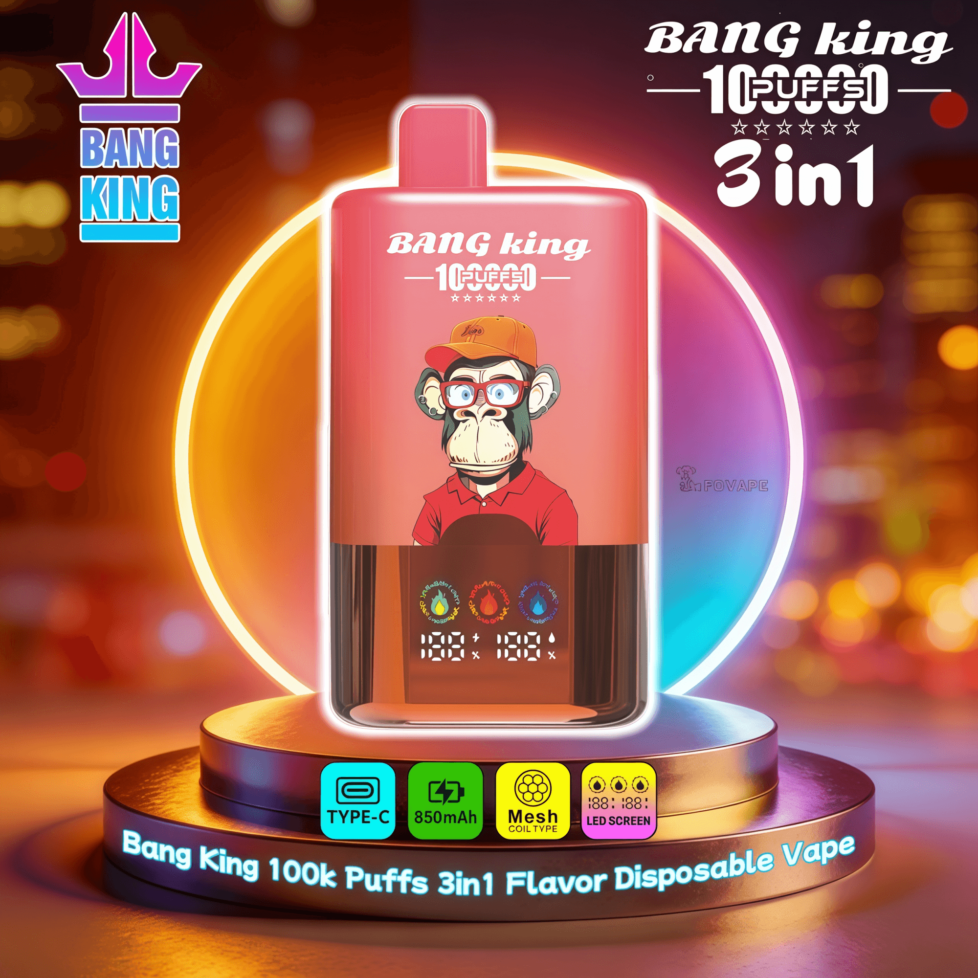 Bang King 100000 100K Puffs Disposable Vape 3 in 1 Flavors Chamber 0% 2% 3%  5% Nicotines 12Tastes Smart Screen Factory Direct
