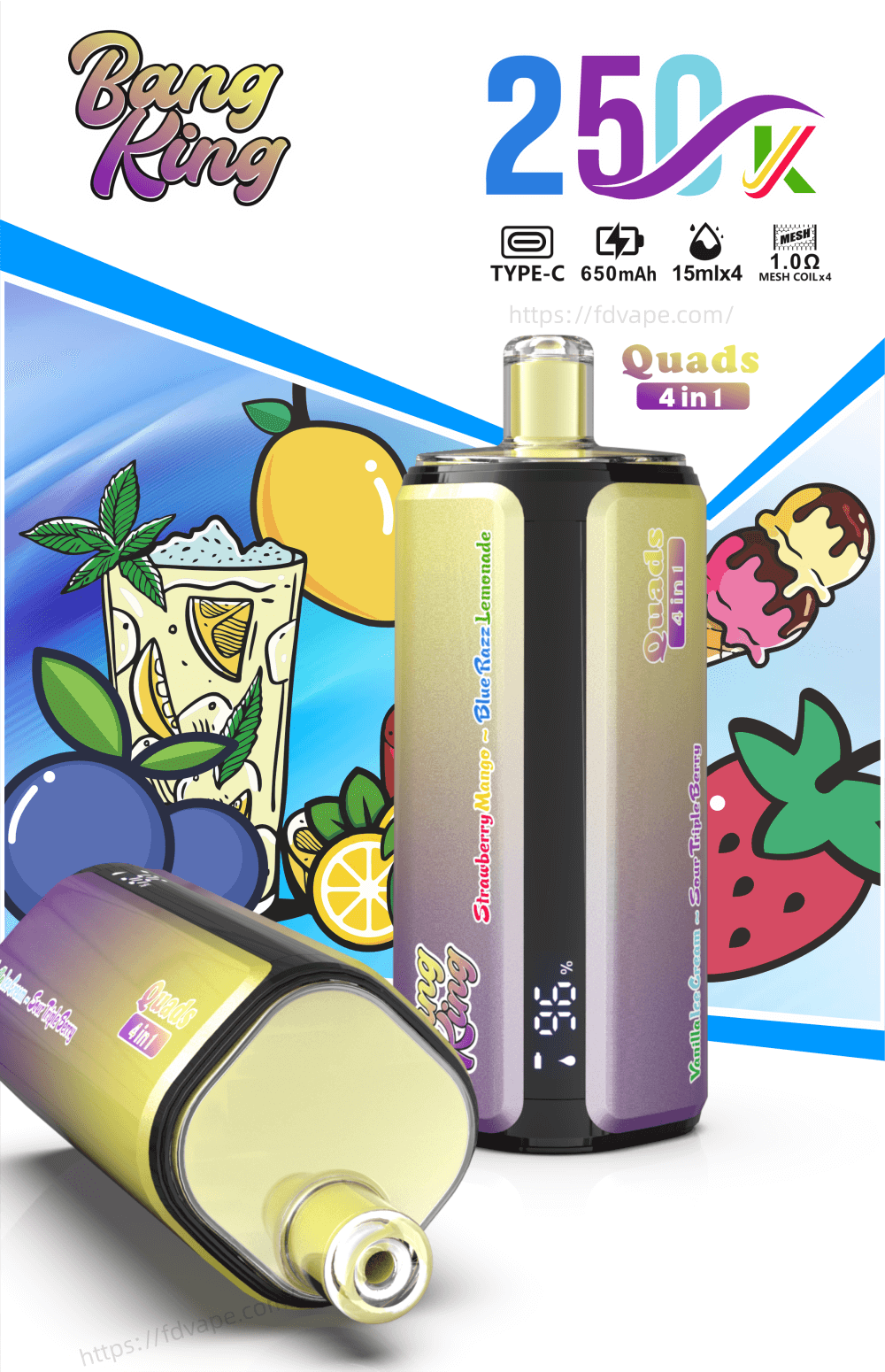 Bang King 250000 250k Puffs 4 in 1 Flavors Disposable Vape 0% 2% 3