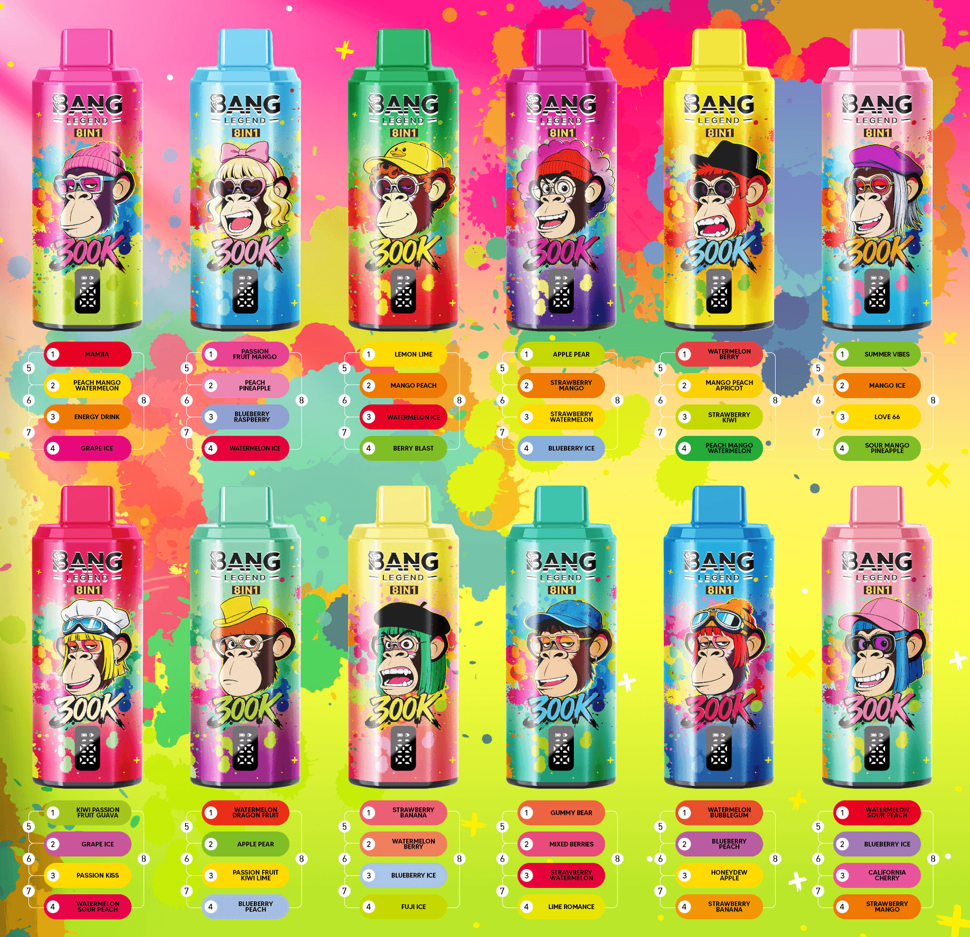 Twelve bright Bang Legend 8in1 spray cans with cartoon monkeys against a neon splatter background and flavor labels.