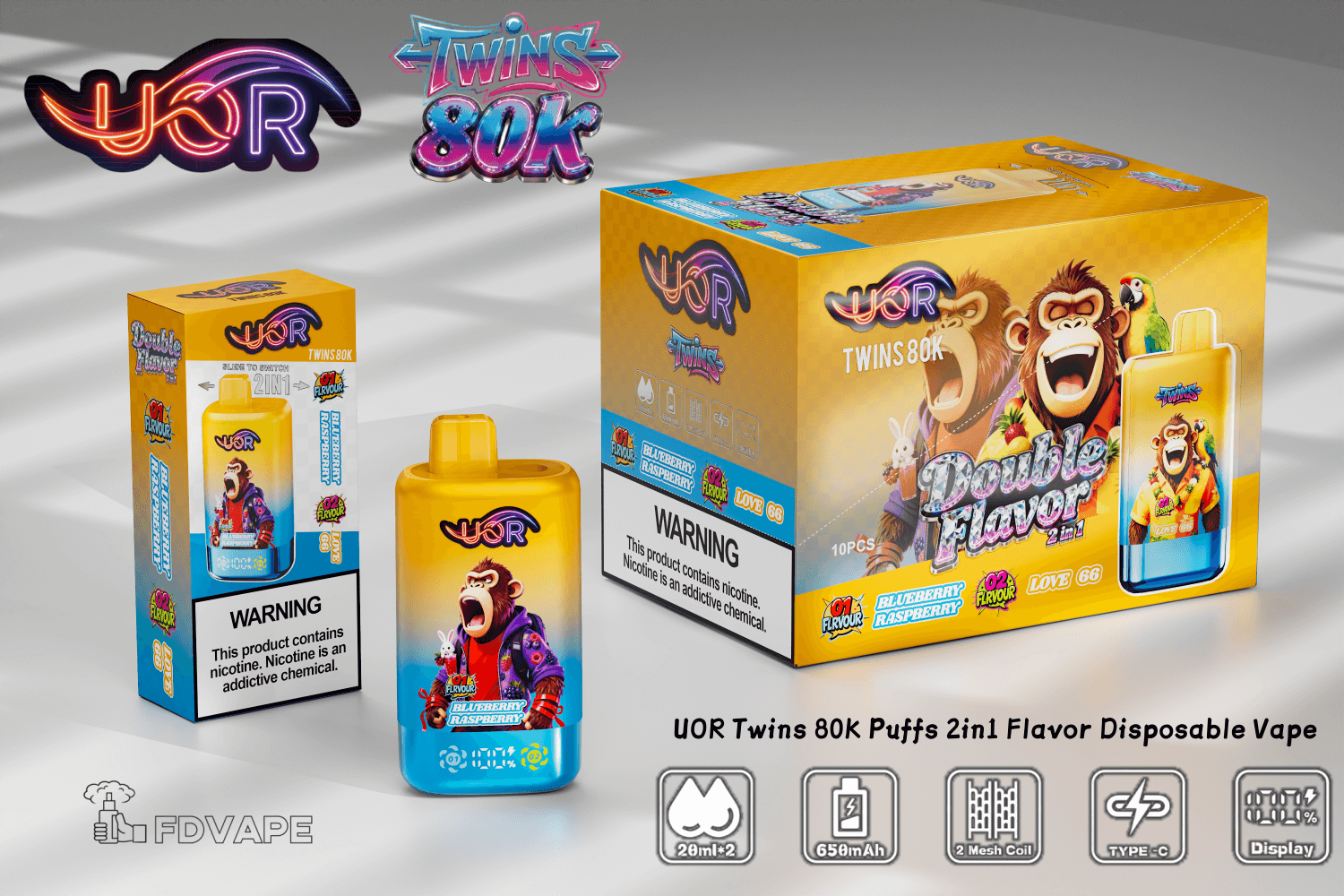 UOR Twins 80000 80k Puffs Double Flavor Disposable Vape 2% 5% Nicotines  10Tastes Smart Screen Display Vape Factory Direct