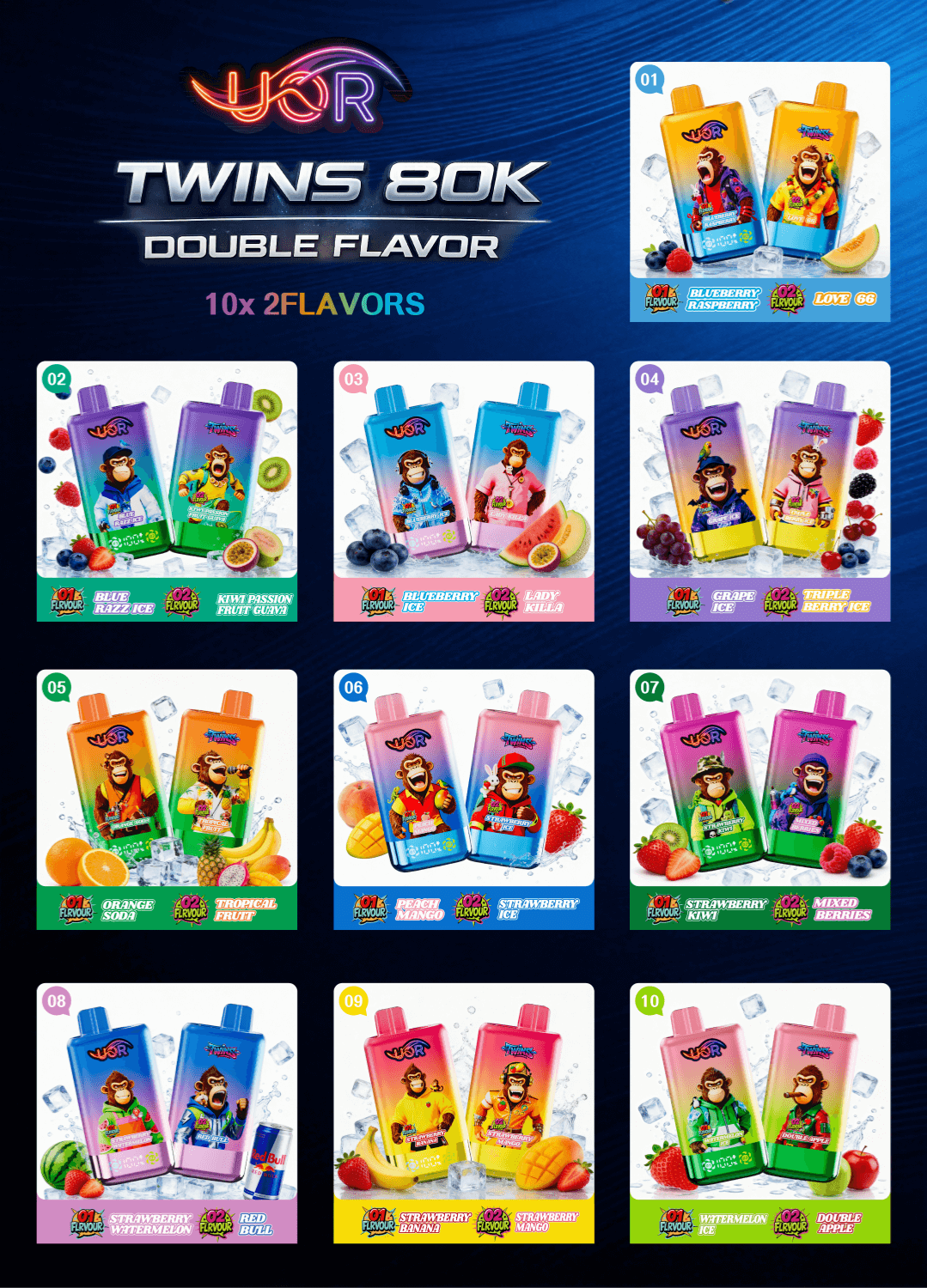 Promotional poster for UR Twins 80K Double Flavor, showing ten two-flavor drink pouches in numbered panels with fruits and ice.