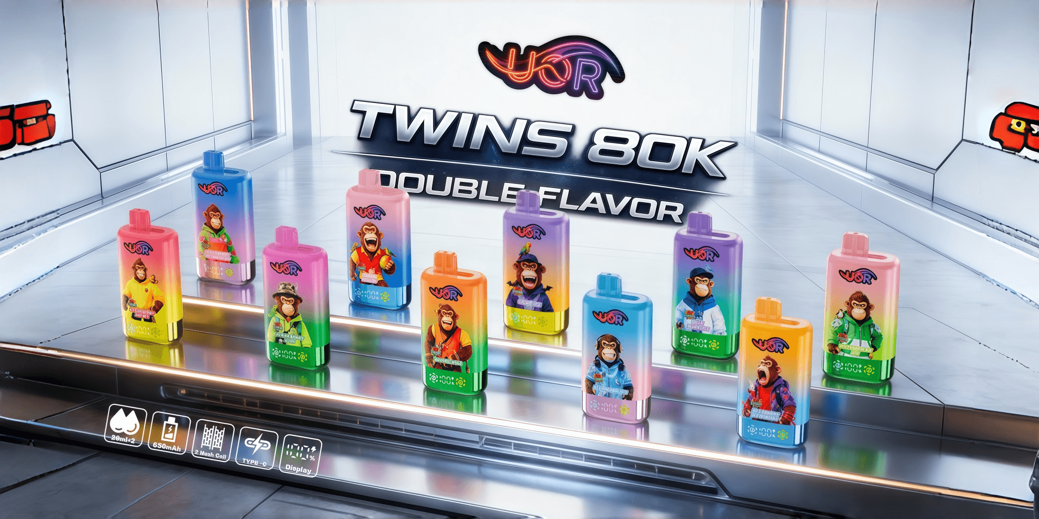 Row of colorful gradient bottles with monkey characters on the labels, displayed on a platform in a futuristic showroom.