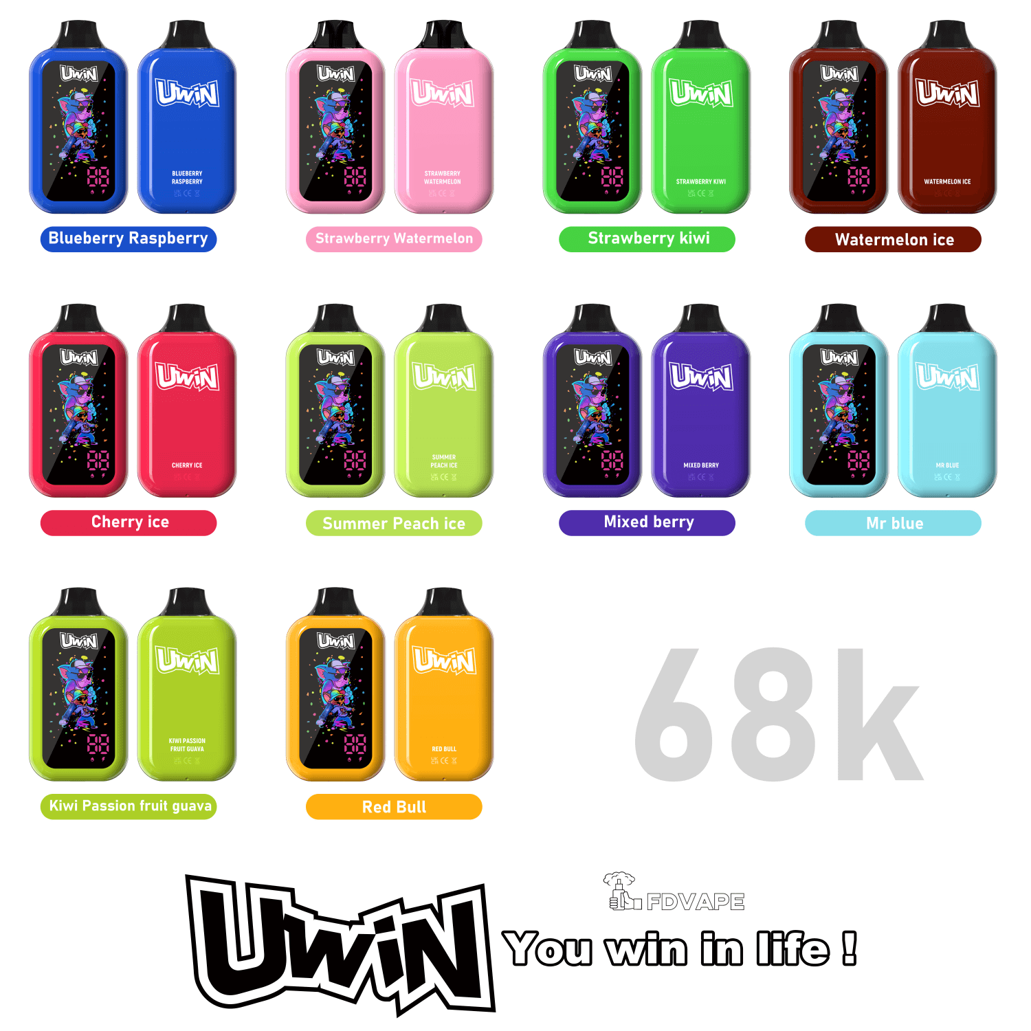 Grid of UWIN vape devices in bright colors with black fronts and flavor labels.