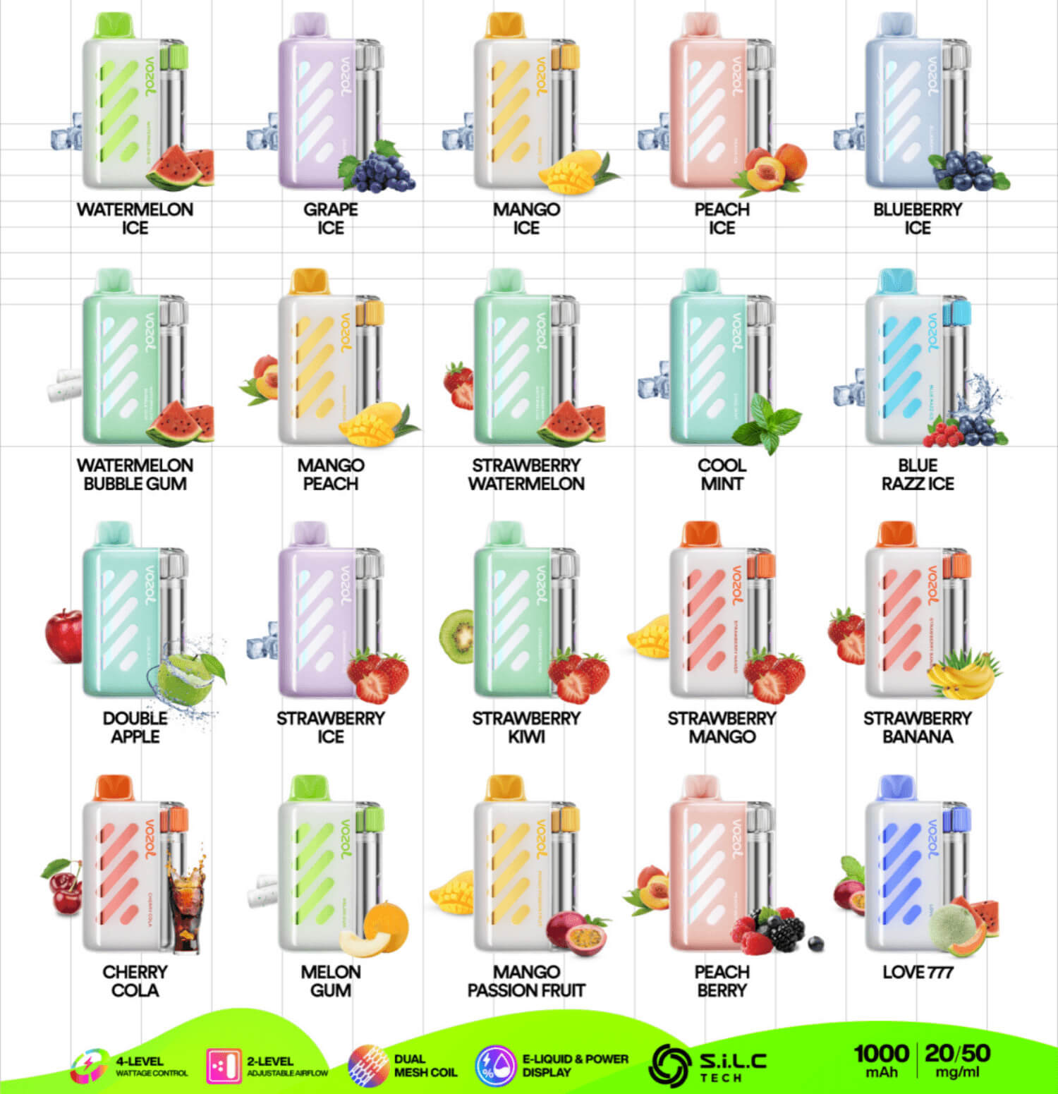 Griglia di dispositivi colorati per lo svapo a pod con etichette di aromi come ghiaccio all'anguria, ghiaccio al mango, ghiaccio alla pesca, ghiaccio al mirtillo e altro ancora.