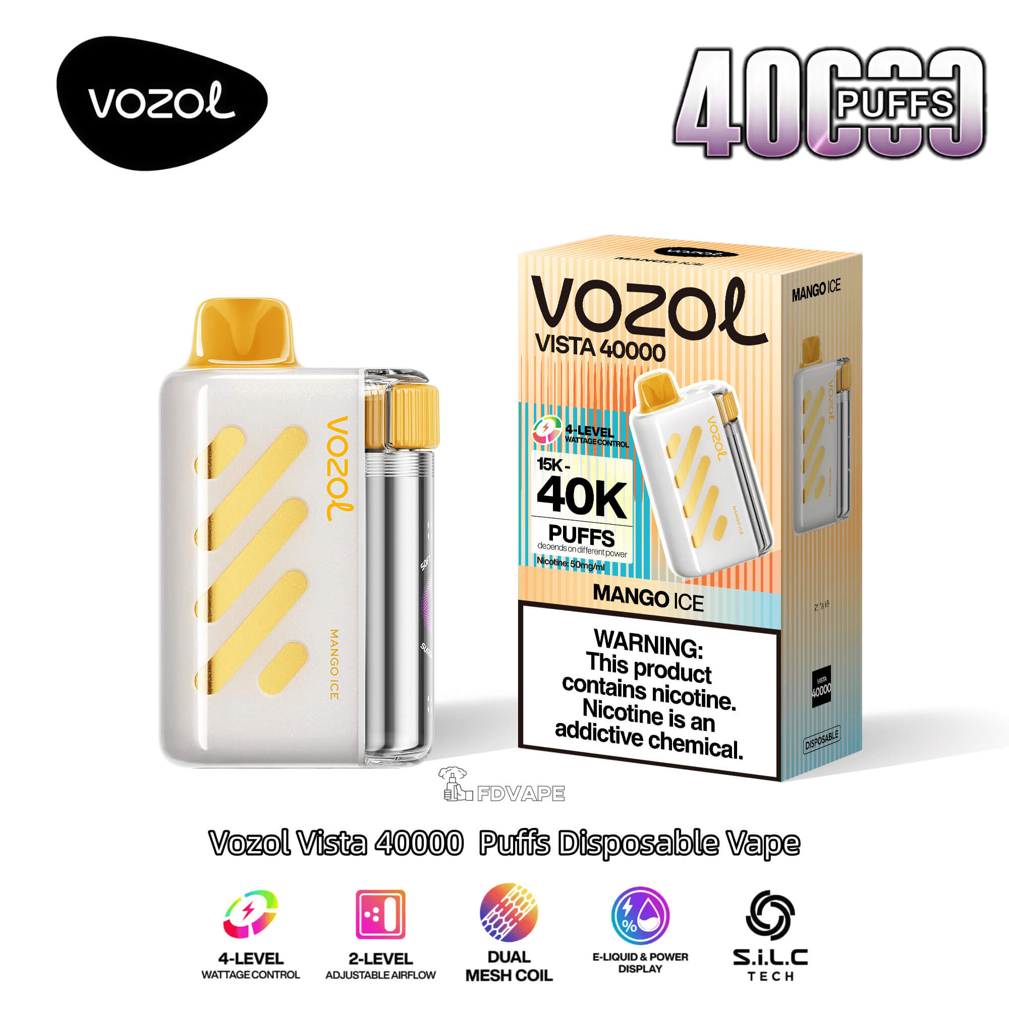 Vozol Vista 40000 40K Puffs Disposable Vape 4 Power Modes | 2 Airflow  Levels 5% Nicotines 23Tastes Digital Screen Factory Direct