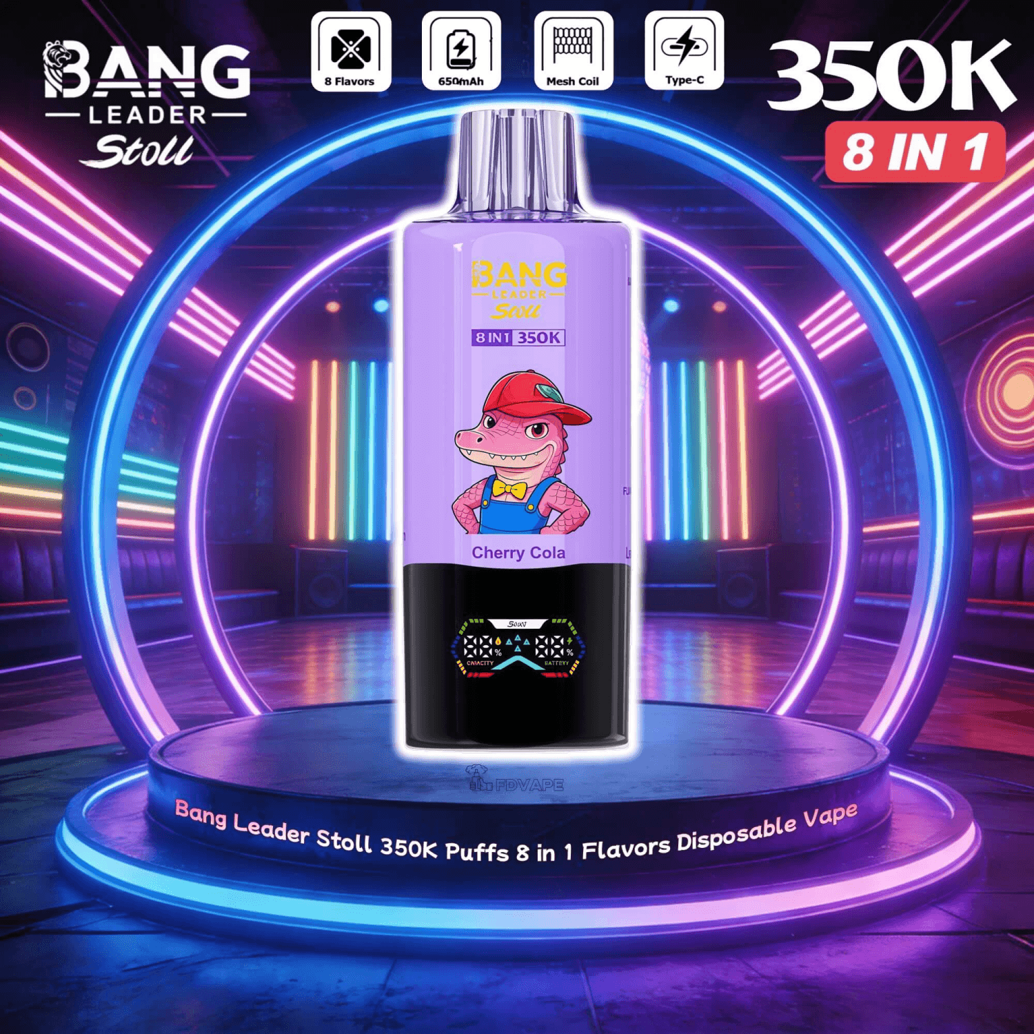 Lila Einweg-Vape-Flasche mit einer Cartoon-Figur auf einem Cherry-Cola-Etikett, platziert auf einer neonbeleuchteten Bühne mit Bang Leader Stoll-Branding.