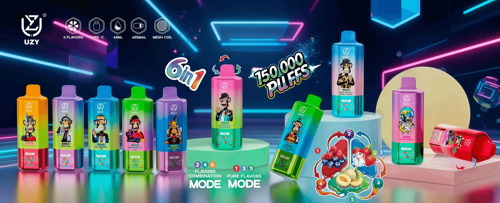 Neon-lit display of colorful disposable vape bottles with cartoon characters, featuring 6 in 1 and 150,000 puffs in promotional graphics.