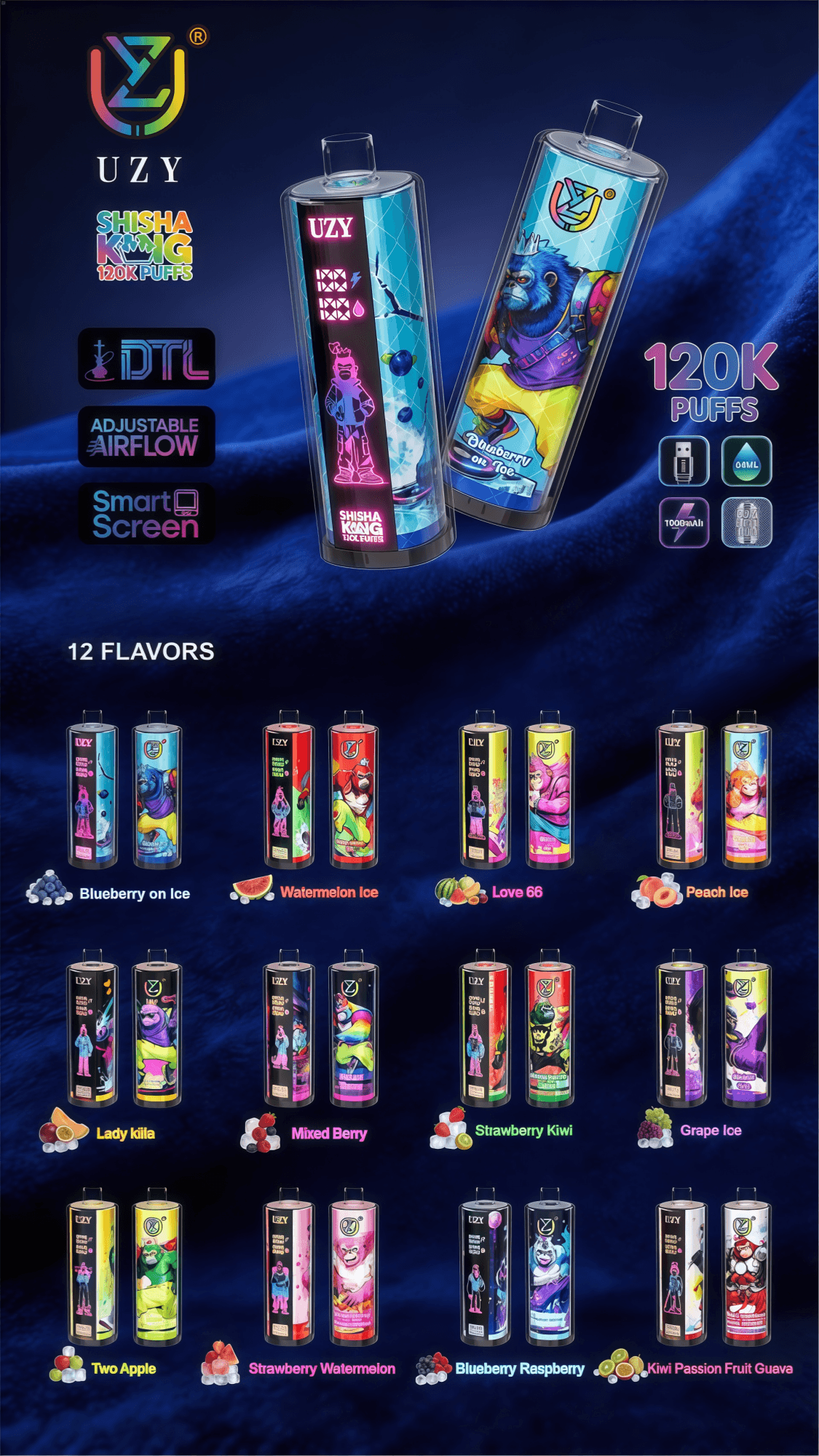 Two UZY vape pens with bright artwork float on a blue background, advertising 120K puffs and 12 flavors.