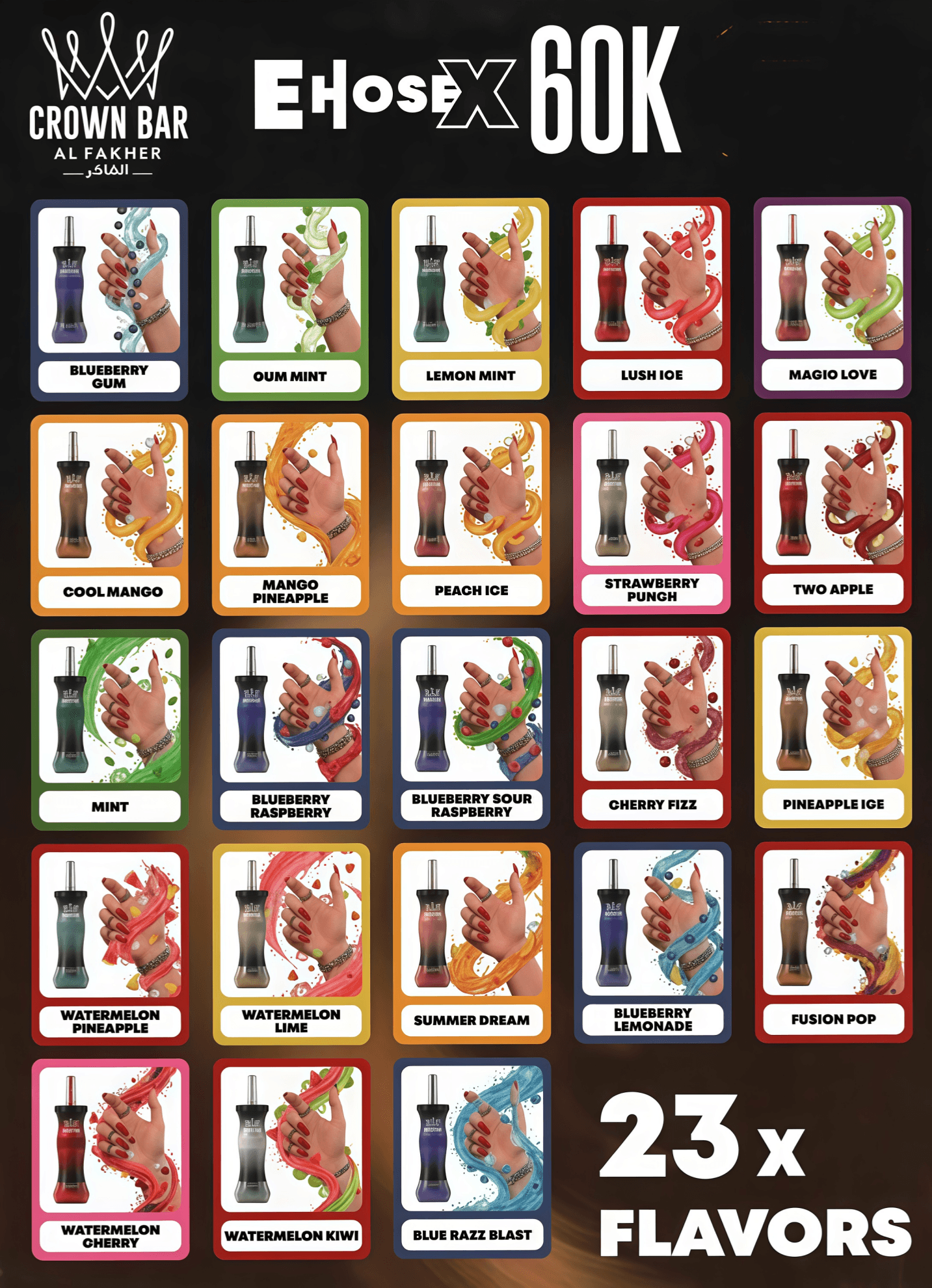 Grid of 23 flavor cards for a vape product, each card shows a bottle and flavor name; bottom right reads 23 x FLAVORS.