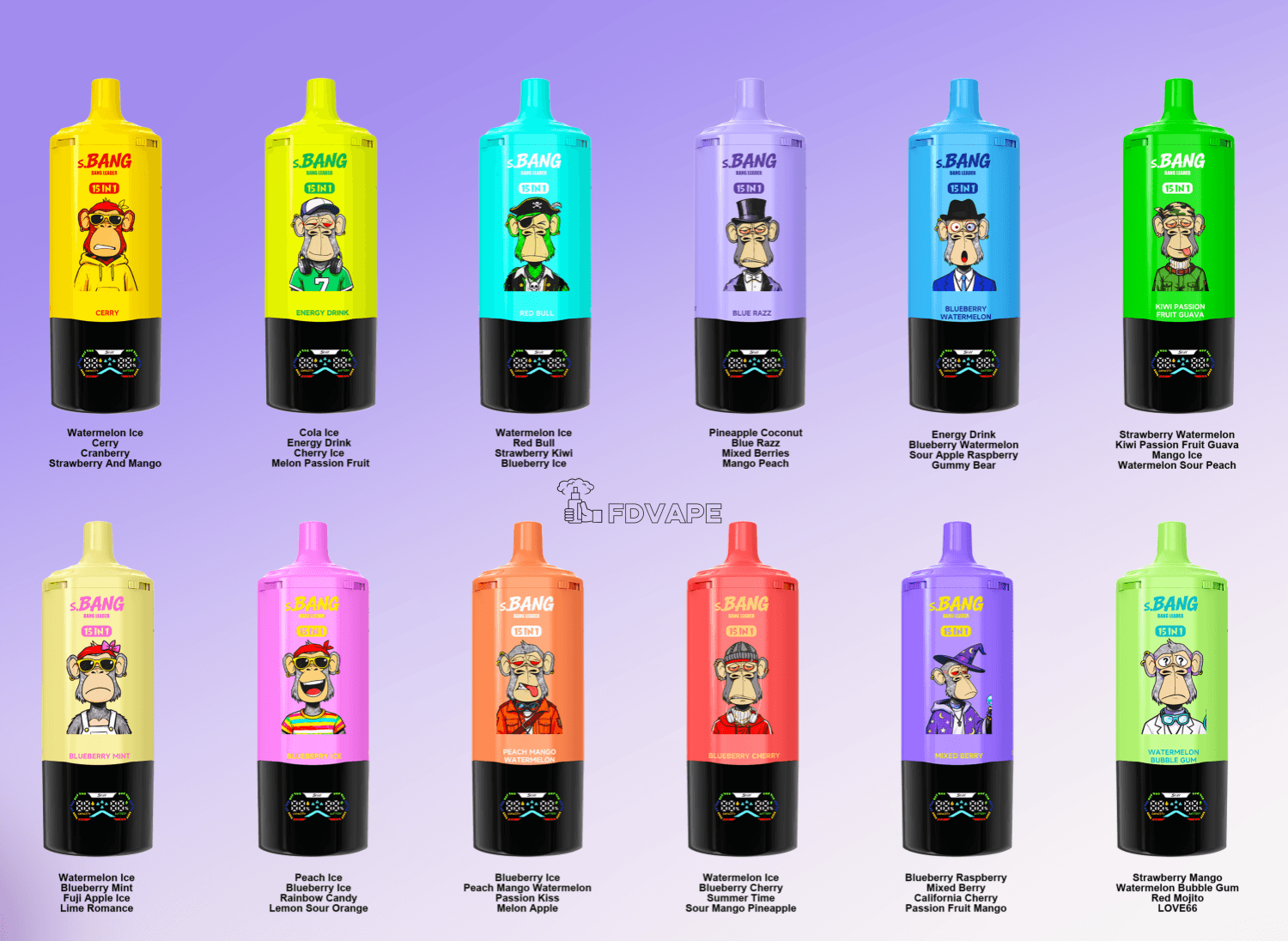 Twelve brightly colored S.BANG energy drink bottles with cartoon ape mascots, arranged in two rows on a purple gradient background.
