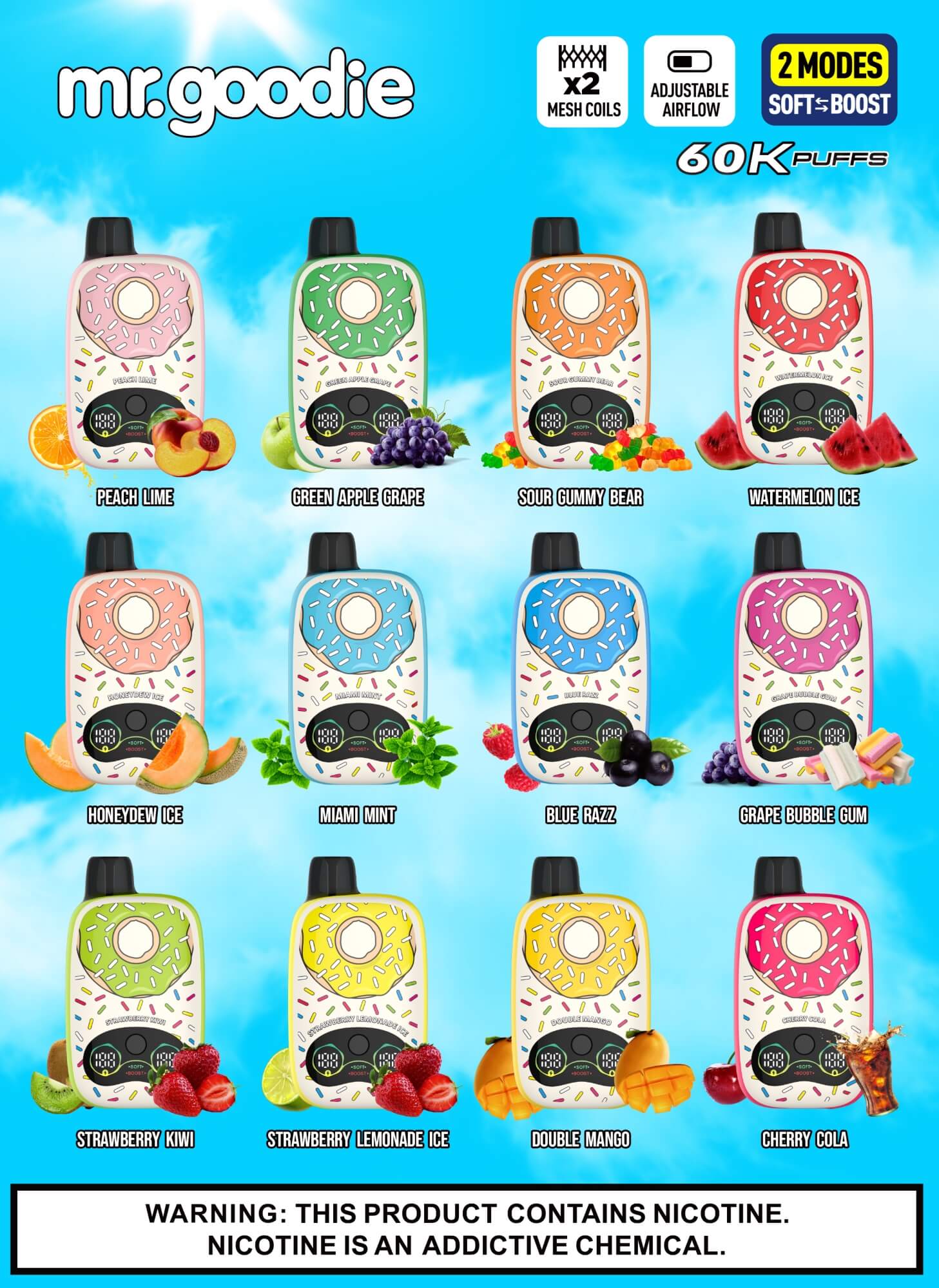Twelve mr.goodie disposable vape devices in pastel colors displayed on a blue sky backdrop, each with flavor labels.