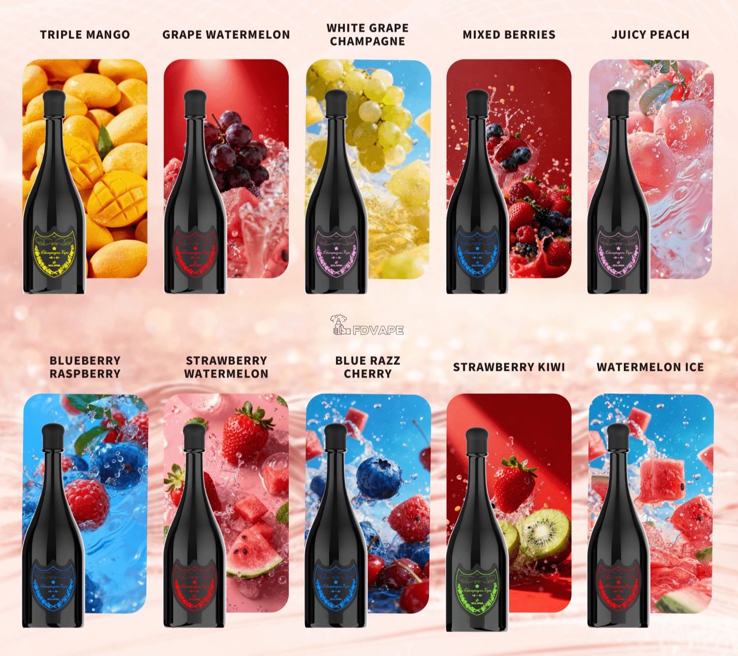 Ten flavor drink bottles arranged in two rows against vibrant fruit-themed backgrounds.