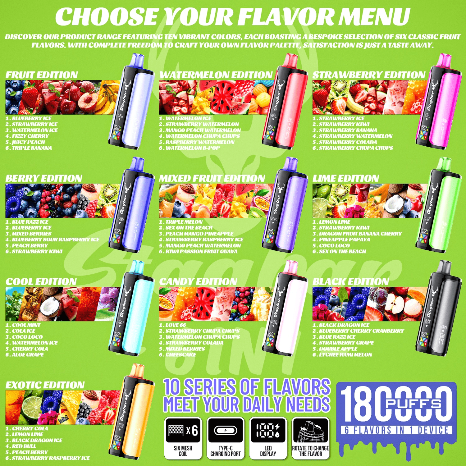 Bright green banner with a grid of colorful vape devices and editions Fruit, Watermelon, Strawberry, Lime, Candy, Exotic.