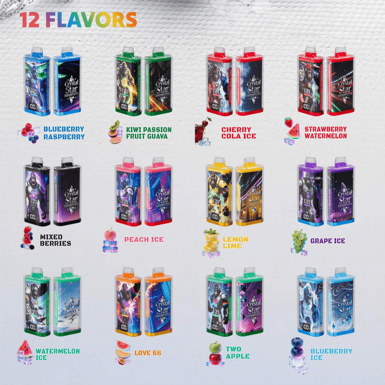 Twelve colorful beverage cartons arranged in a grid, showcasing twelve fruit-flavor labels.