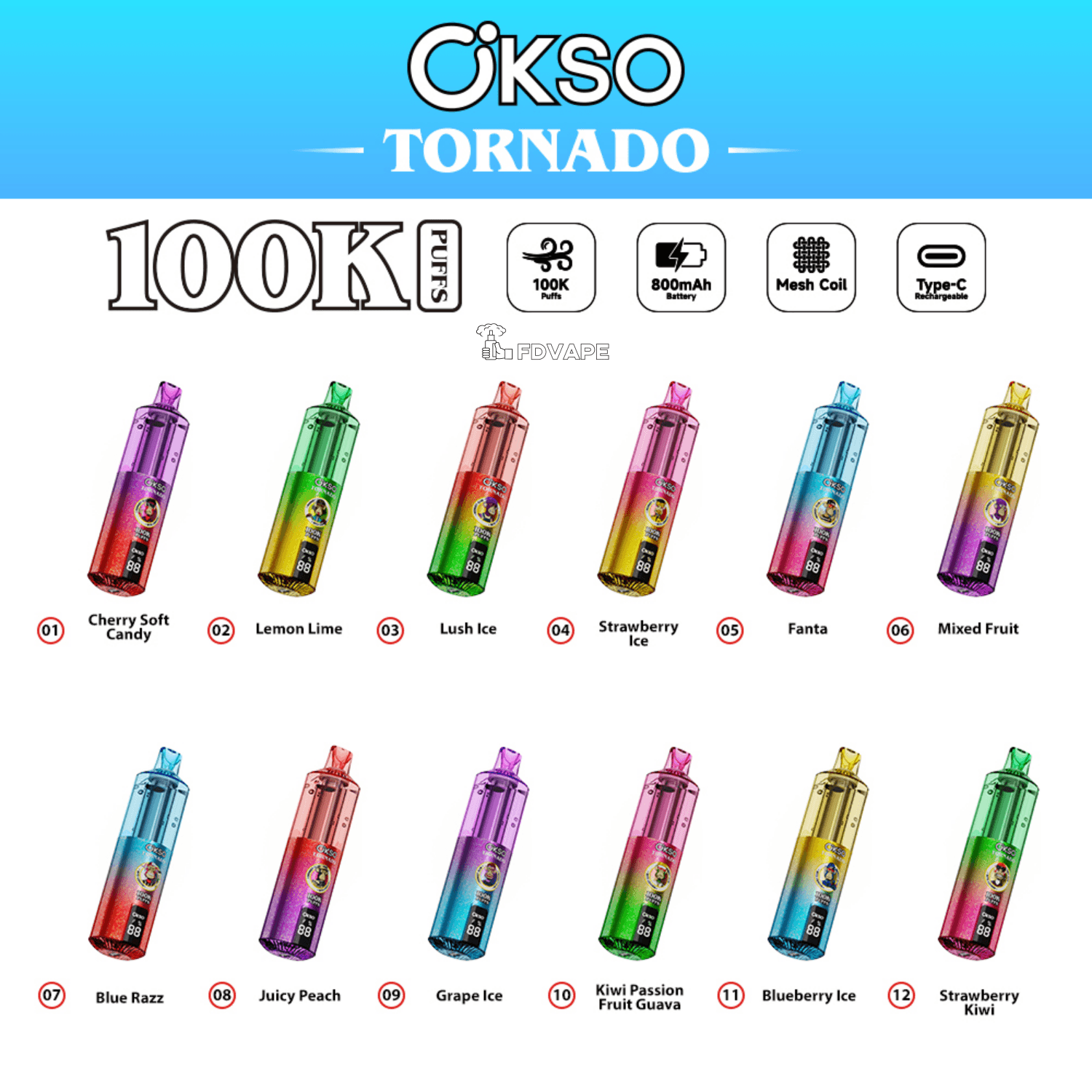 Okso Tornado 100K Puffs disposable vape lineup with 800mAh battery, mesh coil, and 12 fruit flavors displayed in colorful designs