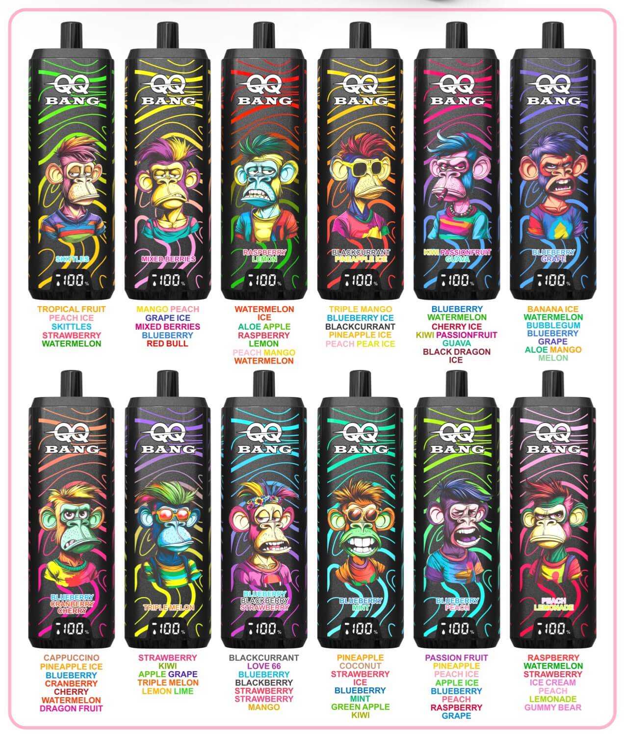 Colorful QQ Bang disposable vape devices with cartoon monkey designs, showing assorted fruit flavors and 100% display indicators