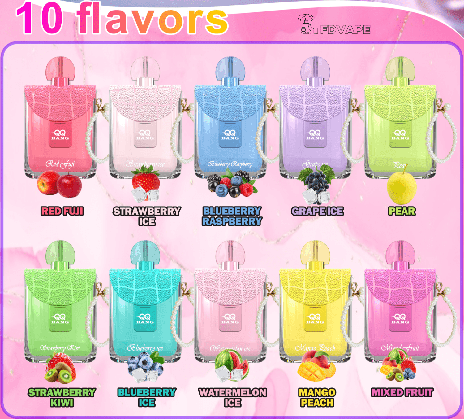 Colorful ad showing 10 QQ Bang vape flavors: Red Fuji, Strawberry Ice, Blueberry Raspberry, Grape Ice, Pear, and more