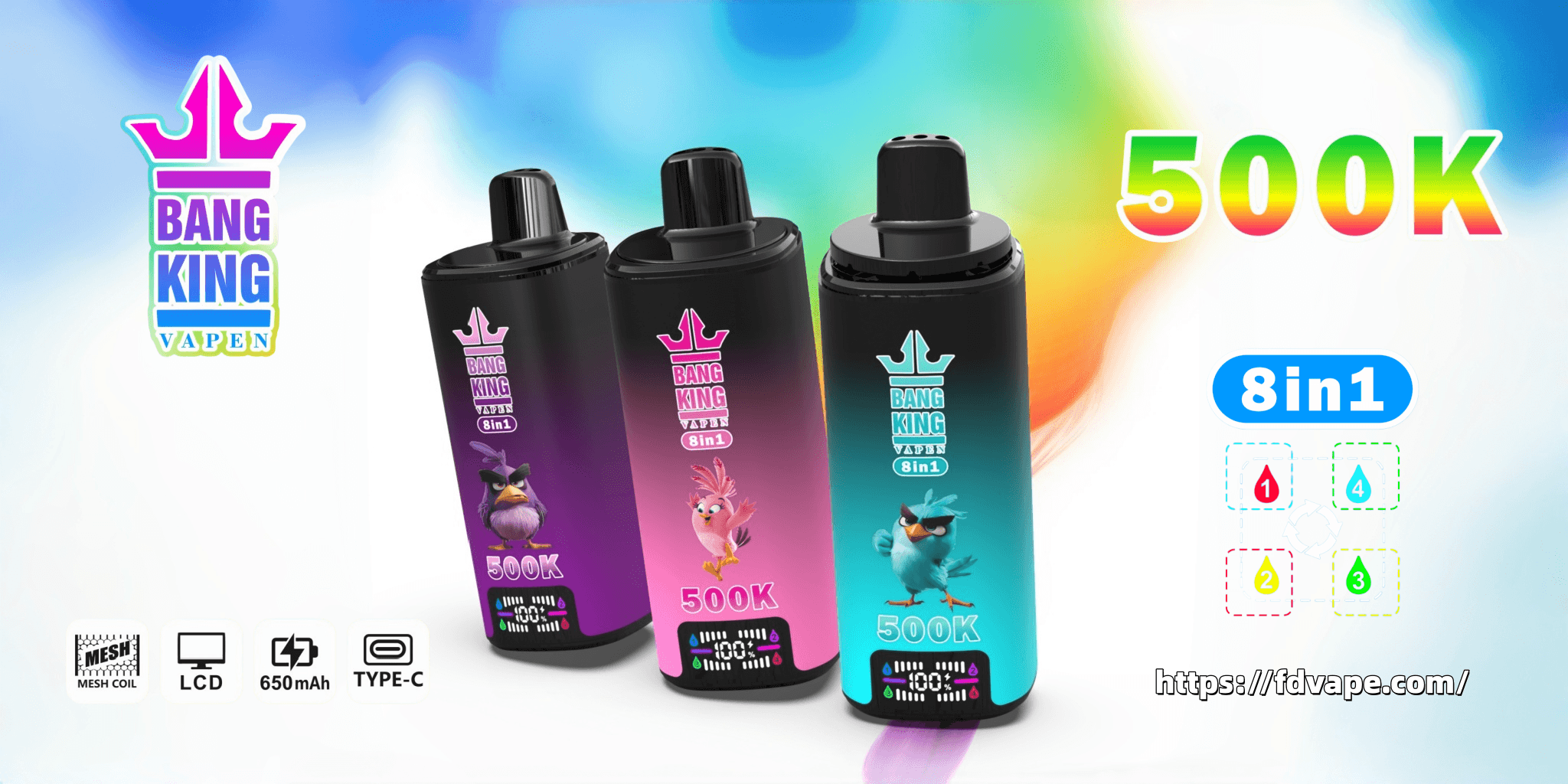 Three “Bang King VAPEN” vape pods 8-in-1 with “500K” labels and colorful icons on a blue background