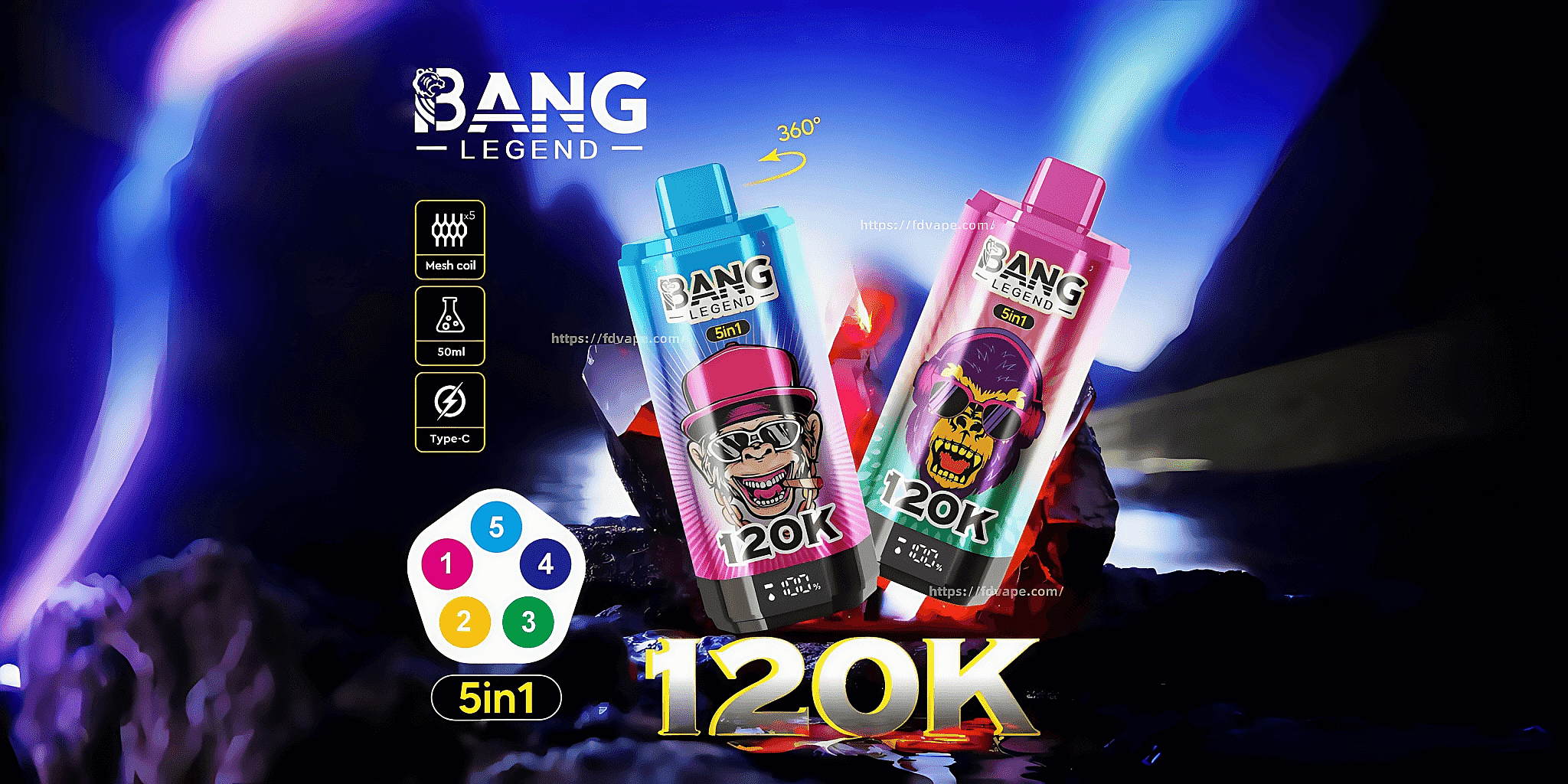 Bang-Leader-120000-120K-Puffs-5-in-1-Flavors-Disposable-Vape-5-Adjustable-Flavors-LED-Display-Vape-Factory-Direct Promotional graphic displaying two colorful vaping devices branded as 'Bang Legend 120K', featuring artistic designs and product specifications like mesh coil, 50ml capacity, and Type-C charging.