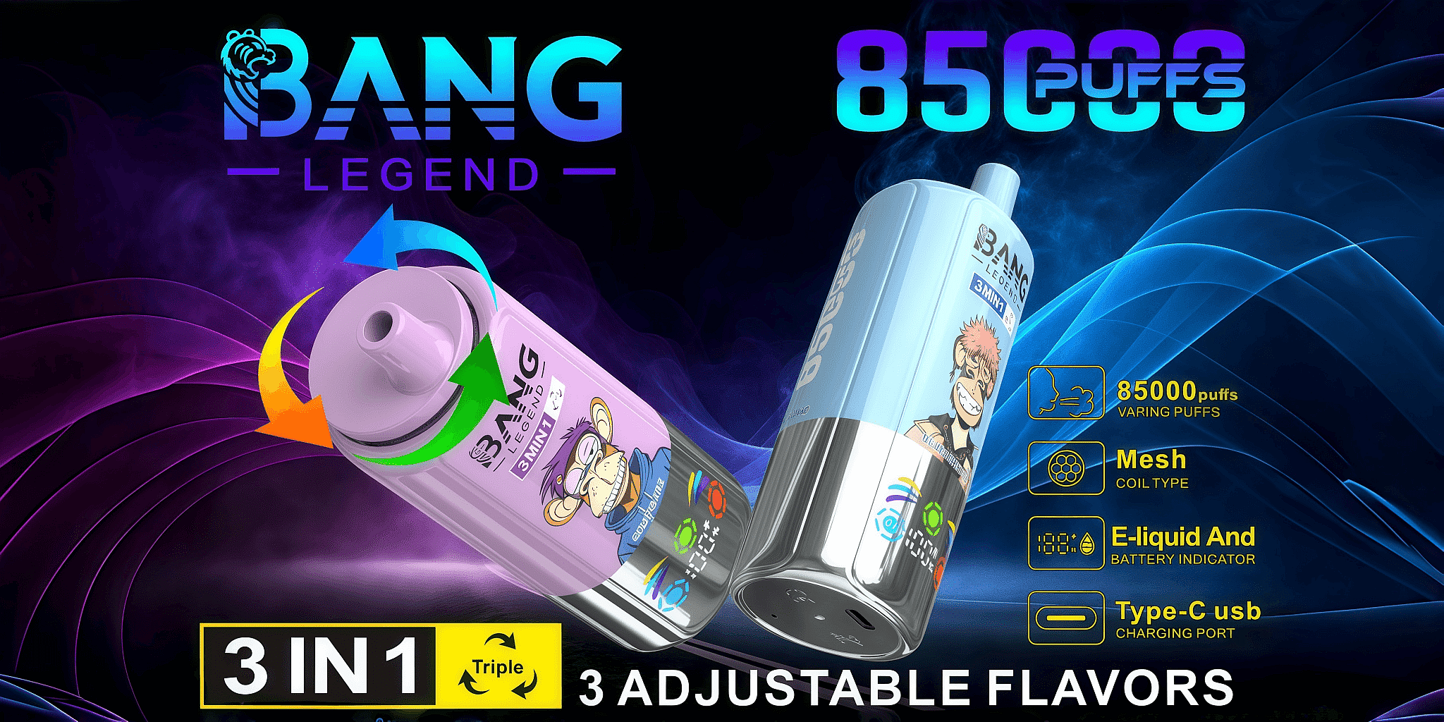Bang-Leader-85000-85K-Puffs-3-in-1-Einweg-Vape-Dreifach-Aromen-LED-Display-Vape-Factory-Direct Werbegrafik, die das Bang Legend-Vaping-Gerät mit 85.000 Zügen, 3 einstellbaren Geschmacksrichtungen, Mesh-Coil-Typ, Batterie- und E-Liquid-Anzeigen und USB-Ladeanschluss Typ C vor einem rauchvioletten und blauen Hintergrund zeigt.