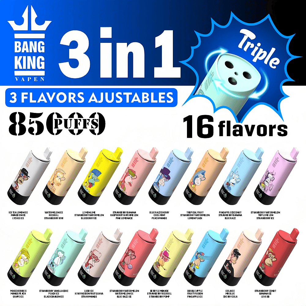 Gráfico promocional para os vapes descartáveis 3 em 1 Bang King Vapen, exibindo 16 sabores ajustáveis e destacando a capacidade de 8.500 tragadas.
