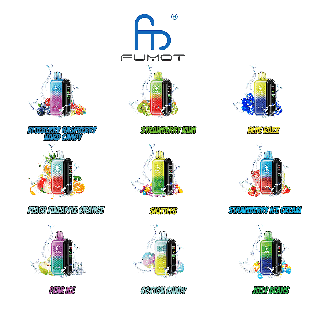 Griglia di contenitori colorati di e-liquid con il logo del marchio "Fumot" nella parte superiore, con vari gusti di frutta e caramelle come caramelle dure al mirtillo e lampone, fragola e kiwi, lampone blu, pesca e ananas e arancia, Skittles, gelato alla fragola, ghiaccio alla pera, zucchero filato e caramelle gommose.