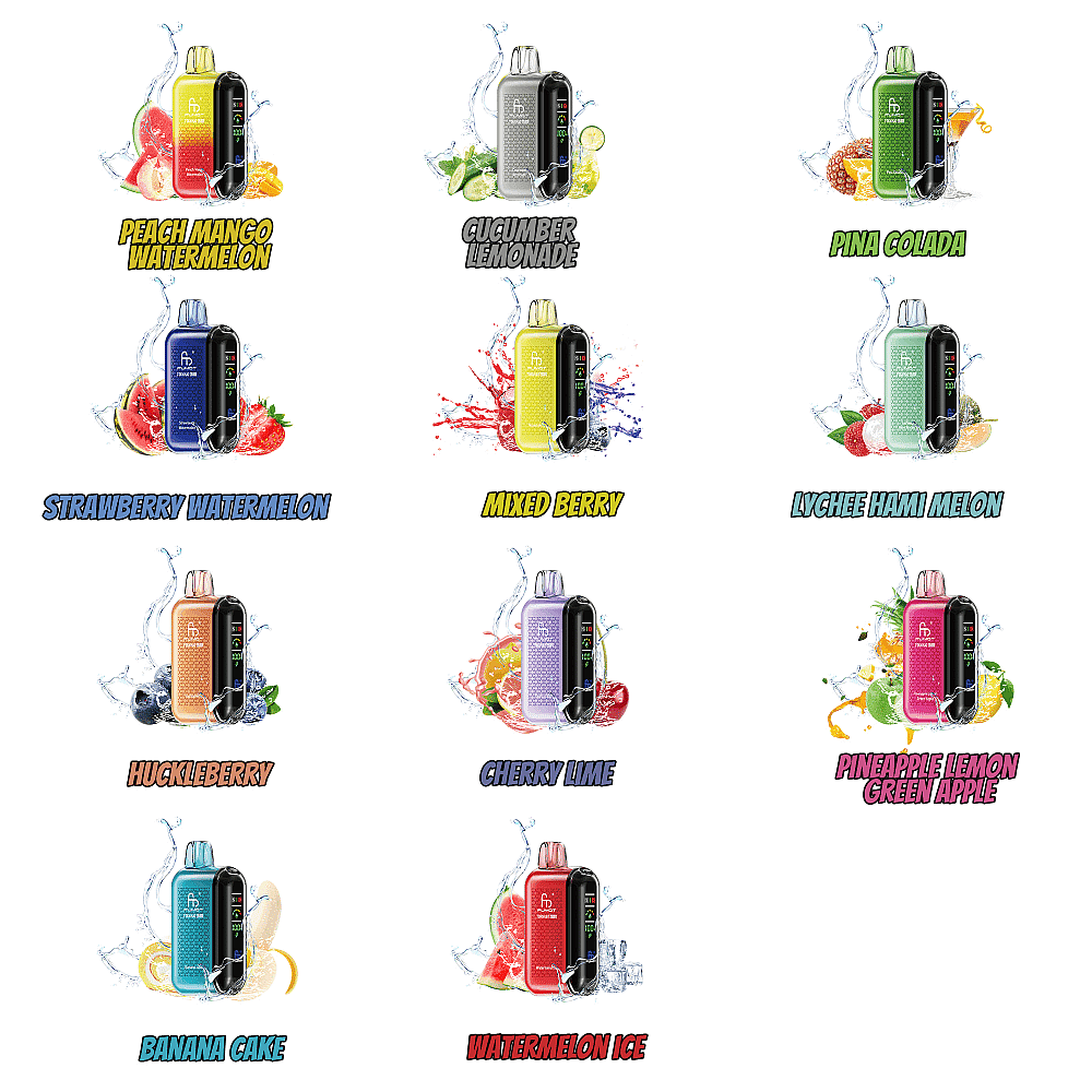 Una griglia che mostra undici diverse opzioni di gusti di sigarette elettroniche usa e getta, tra cui pesca e mango e anguria, limonata al cetriolo, piña colada, fragola e anguria, frutti di bosco misti, litchi e hami melone, mirtillo rosso, ciliegia e lime, ananas e limone e mela verde, torta di banana e ghiaccio all'anguria, ognuno accompagnato da illustrazioni colorate di frutta.