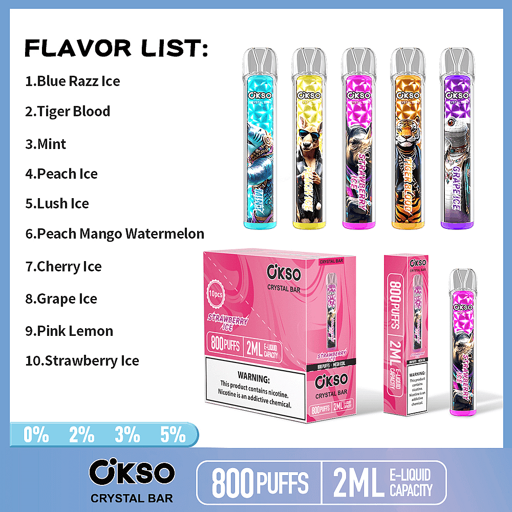 Gráfico promocional para dispositivos de vaporização descartáveis OKSO Crystal Bar, apresentando uma lista de sabores, designs de produtos individuais, embalagens e especificações, incluindo 800 tragadas, capacidade de e-líquido de 2 ml e opções de conteúdo de nicotina (0%, 2%, 3%, 5%).