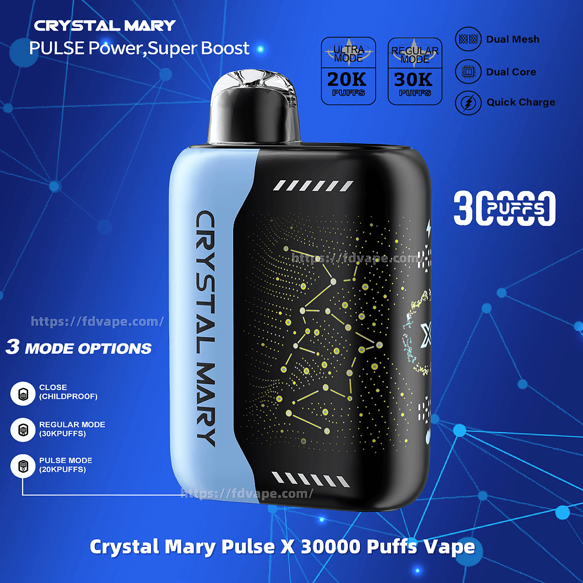 Advertisement showcasing the Crystal Mary Pulse X vape device with 30,000 puffs capacity, featuring a black and blue design, technical mode specifications, and promotional text against a blue background.