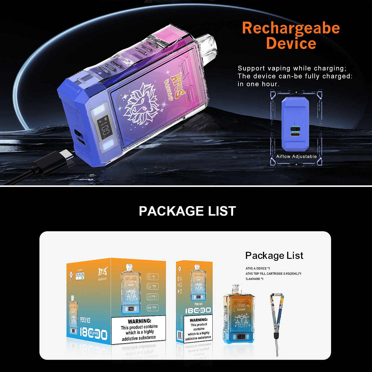 A promotional image showcasing a rechargeable vaping device, highlighting its purple and blue gradient design with adjustable airflow, and a package list featuring the device, cartridge, and lanyard.