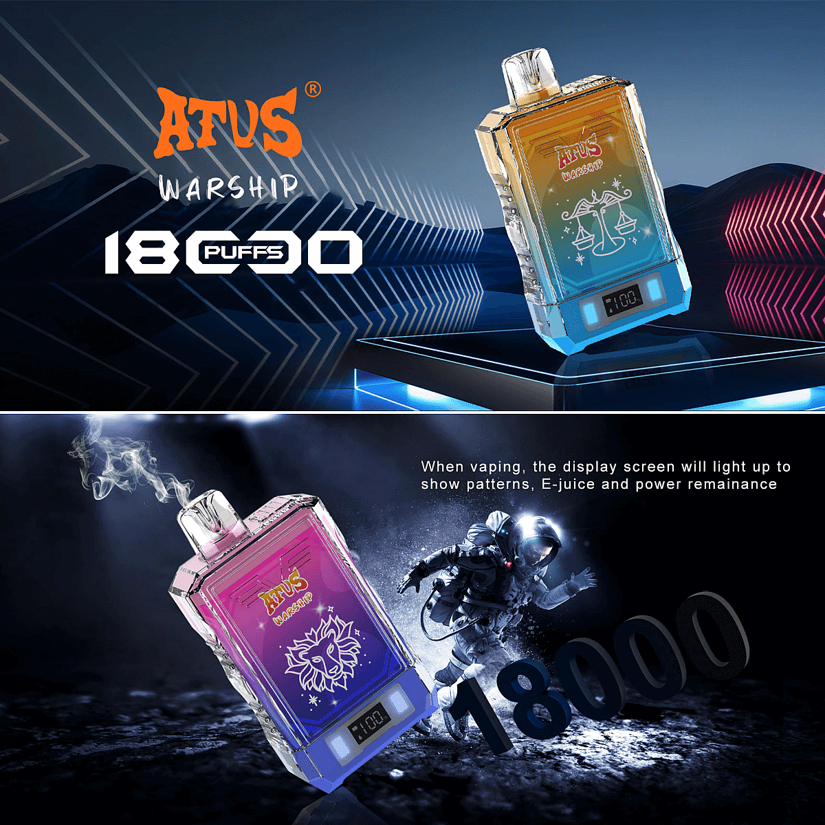 Promotional image for ATUS Warship 18,000 Puff e-cigarette, showcasing the product with colorful gradient exterior and digital display, accompanied by text describing its features, including lighting effects for patterns, e-juice, and power status.