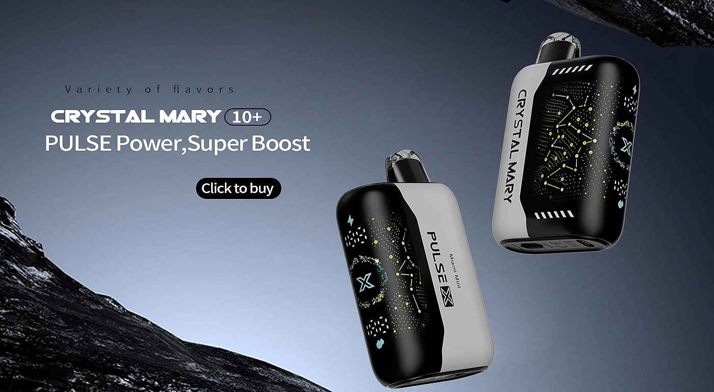 Image promotionnelle présentant deux appareils Crystal Mary 10+ Pulse Power, affichant des designs élégants en noir et blanc avec des graphiques lumineux, sur un fond sombre avec du texte mettant en évidence la variété des saveurs et un bouton d'appel à l'action pour l'achat.