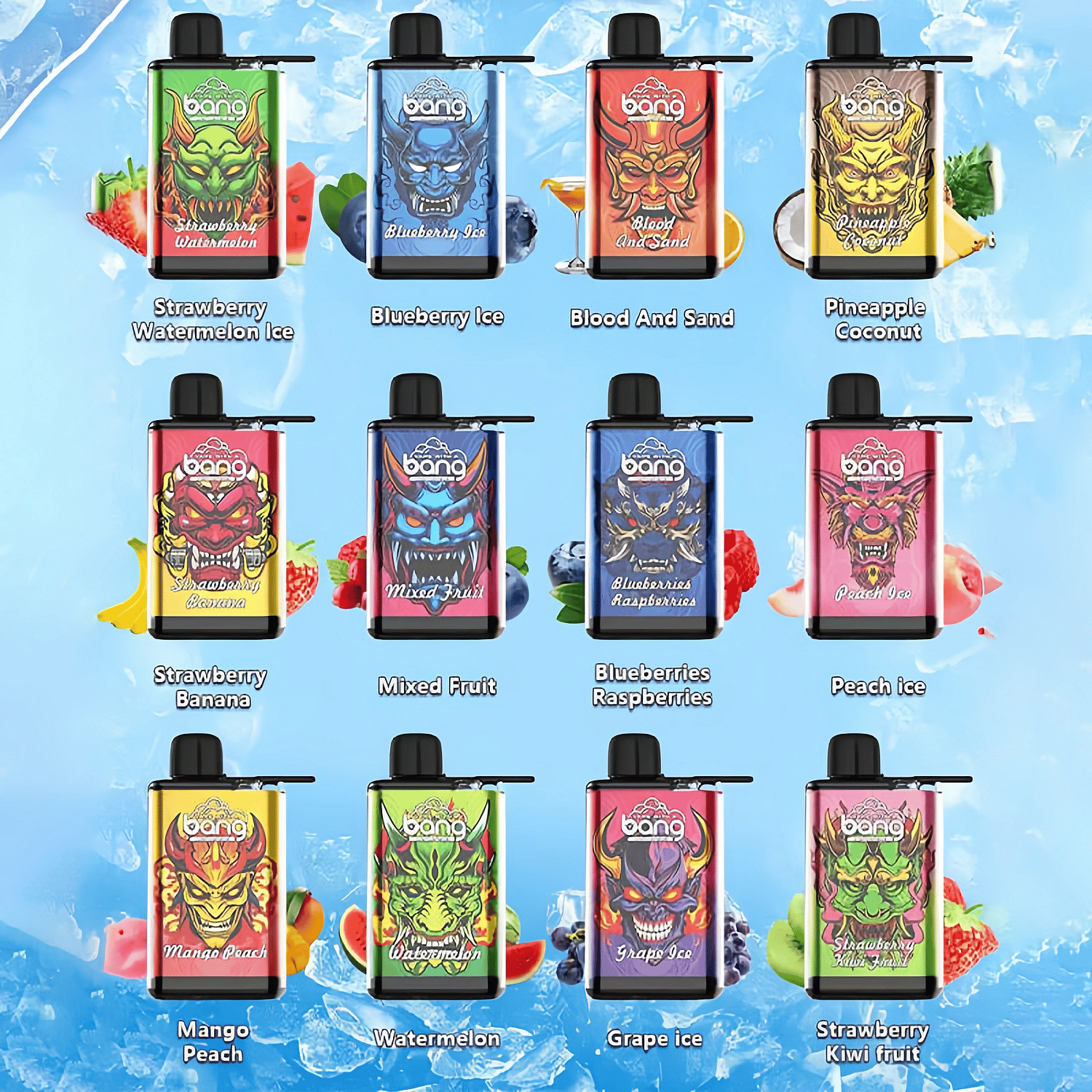 Une collection d'appareils de vapotage jetables colorés de marque Bang proposant diverses saveurs de fruits, notamment la glace à la fraise et à la pastèque, la glace aux myrtilles, le sang et le sable, l'ananas et la noix de coco, la fraise et la banane, les fruits mélangés, les myrtilles et les framboises, la glace à la pêche, la mangue et la pêche, la pastèque, la glace au raisin et la fraise et le kiwi, présentés sur un fond bleu avec des visuels de glace et de fruits.