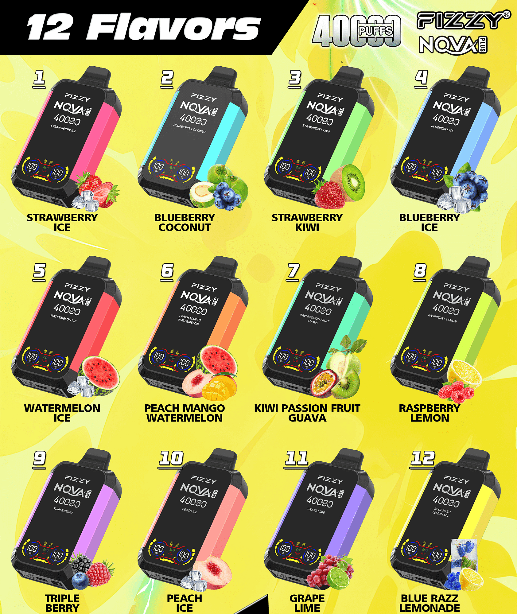 Werbebild für den Einweg-Vaporizer Fizzy Nova 4000 mit zwölf verschiedenen Geschmacksrichtungen, jeweils illustriert mit entsprechenden Früchten auf farbenfrohen Designs.